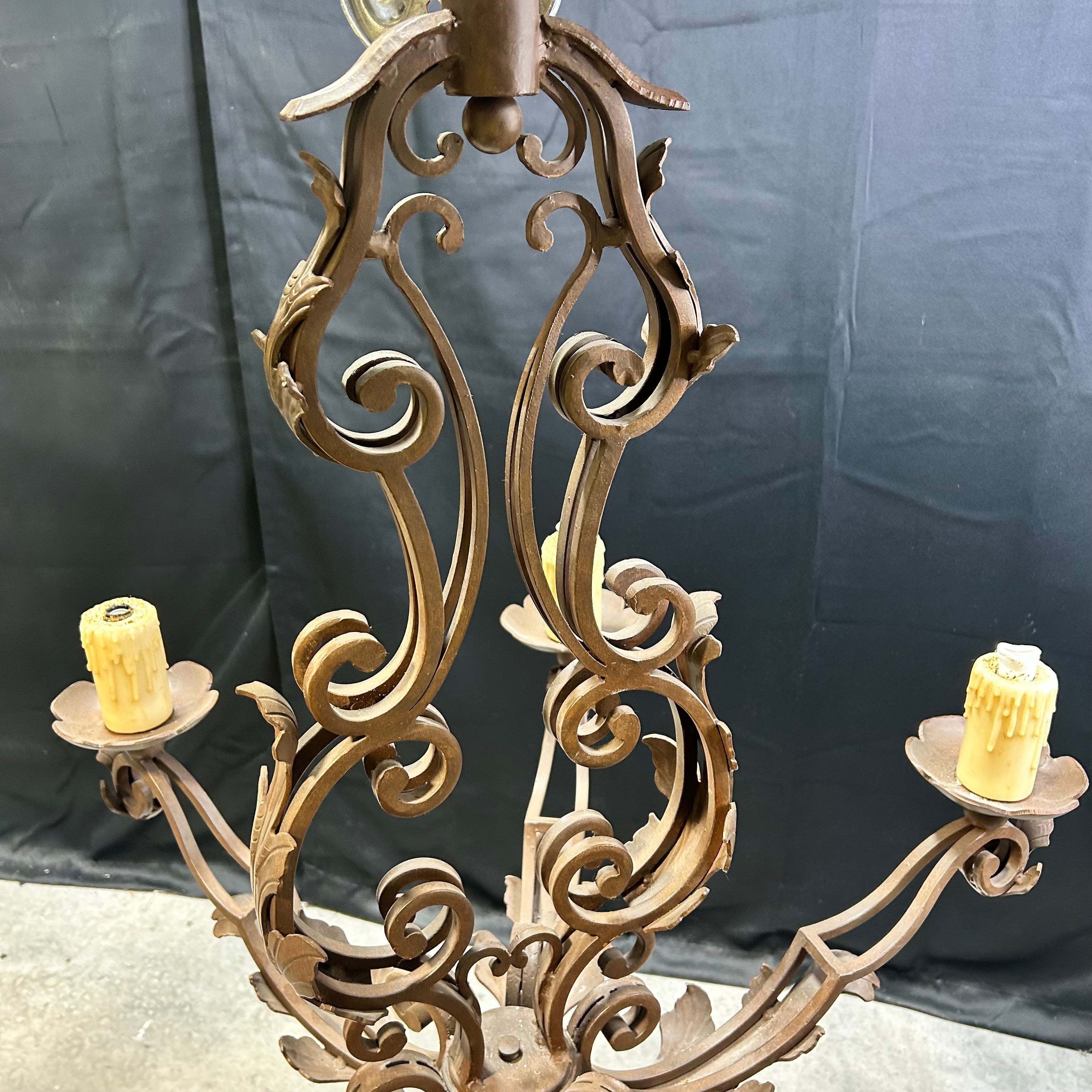 Vintage Scrolling Bronze Iron Chandelier 33"x 29"