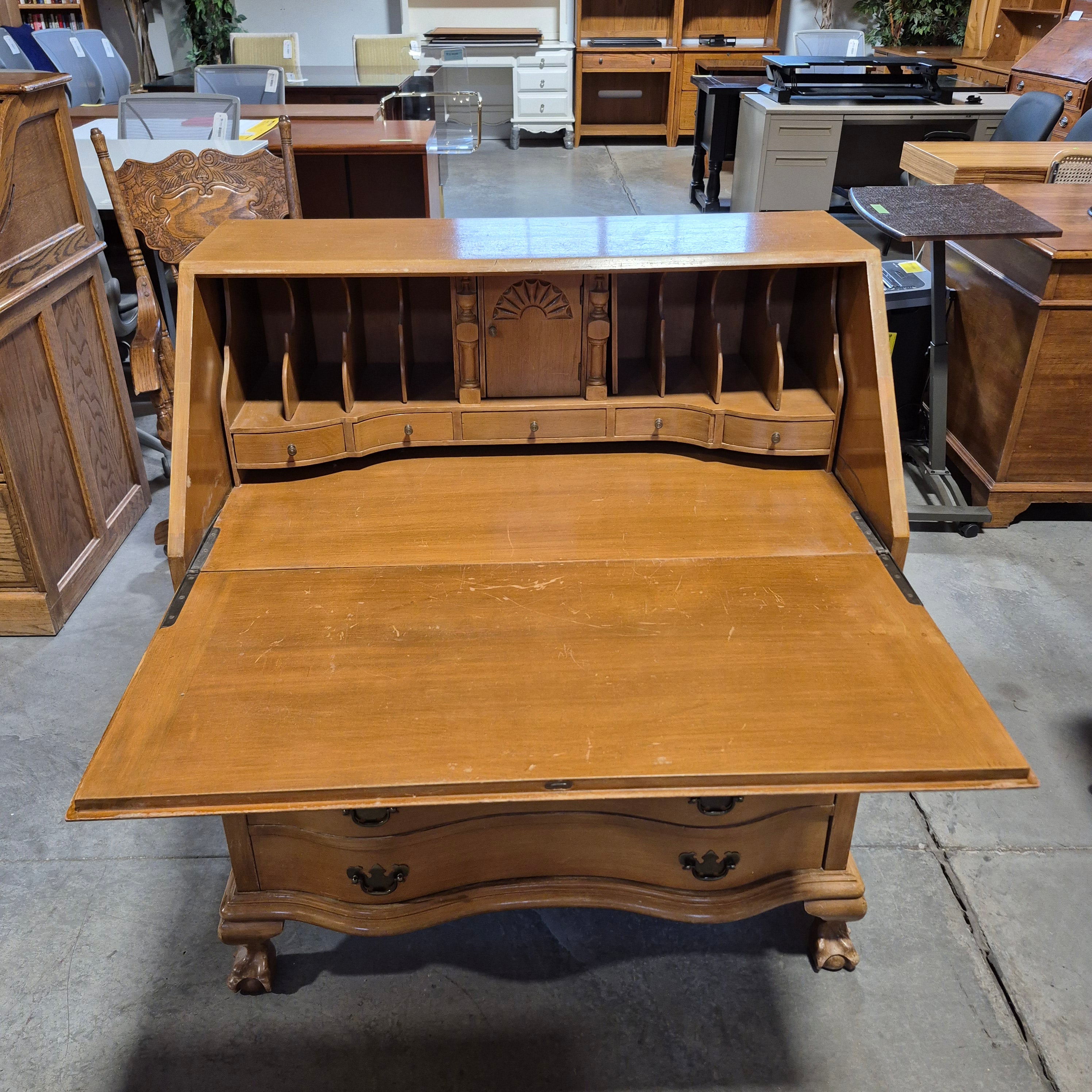 Vintage Maple Carved Wood 4 Drawer Fold Down Secretary Chest Desk 36"x 22"x 41.5"