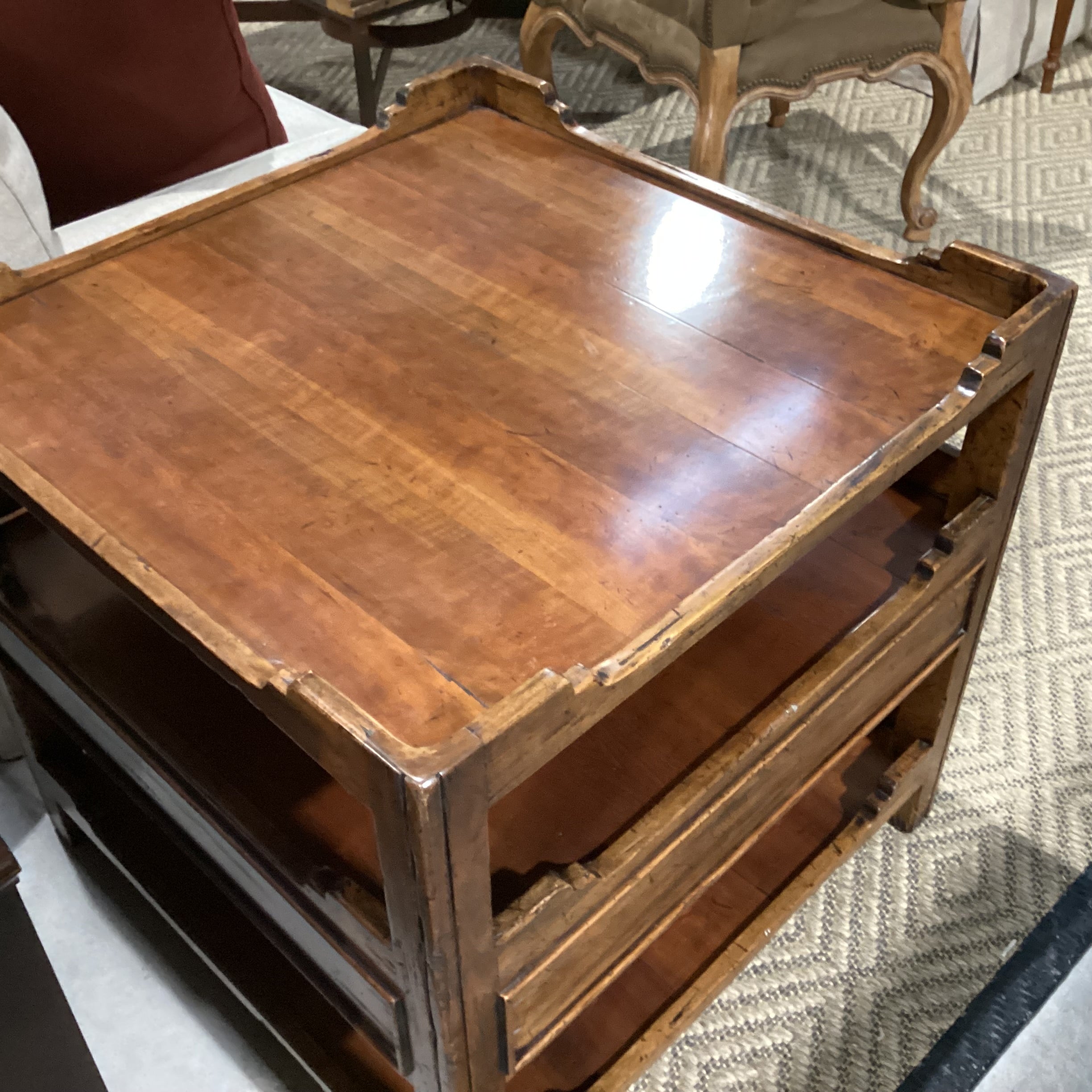 Distressed Carved Wood 3 Tiered 1 Drawer Accent Table 30"x 30"x 29.5"
