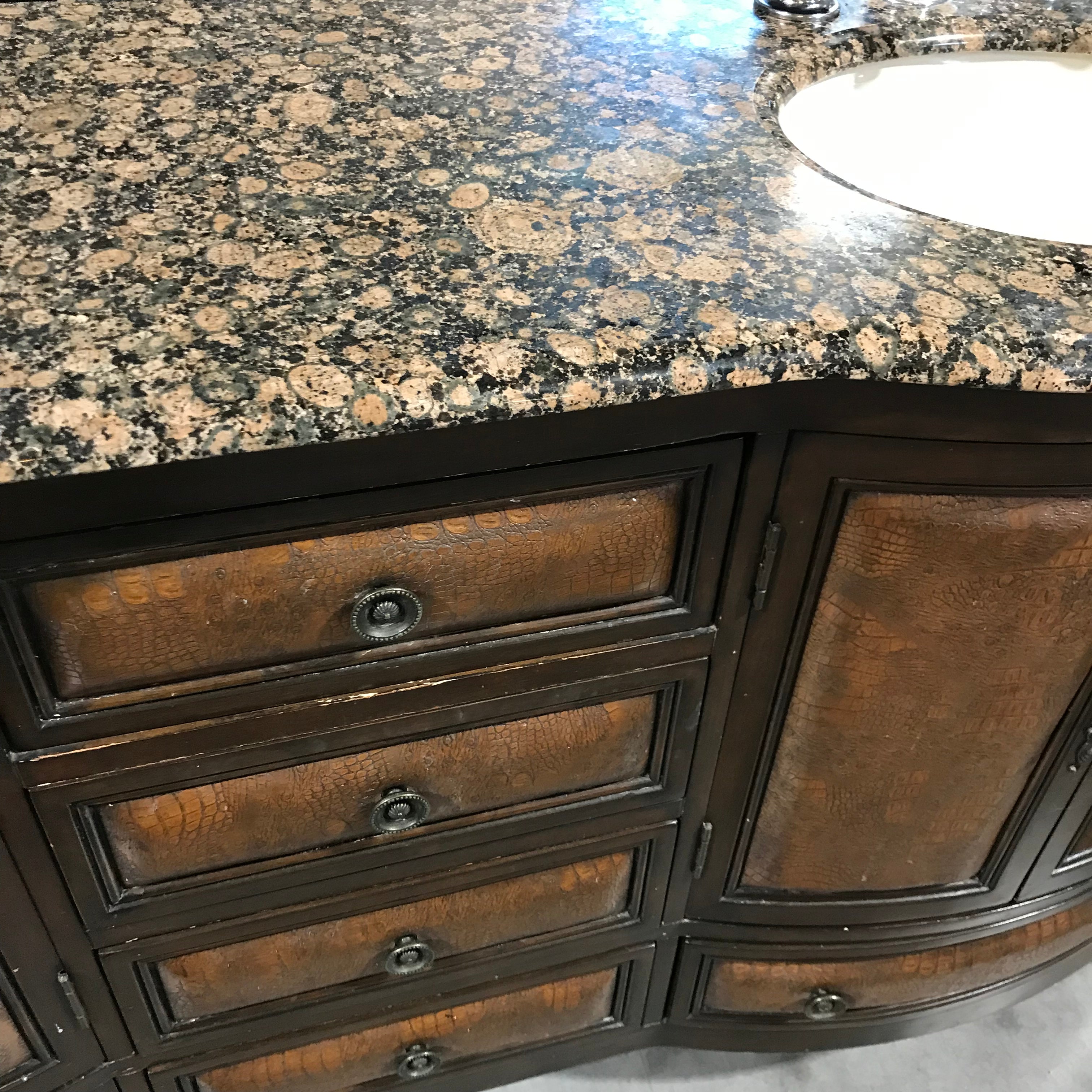 67"w x 22"d x 36"h Vintage Furniture Style 7 Drawer-2 cuboard leather insert Cabinet Brown Granite Ogee Edge detail, 2 oval Sinks Chrome Fixtures Vanity