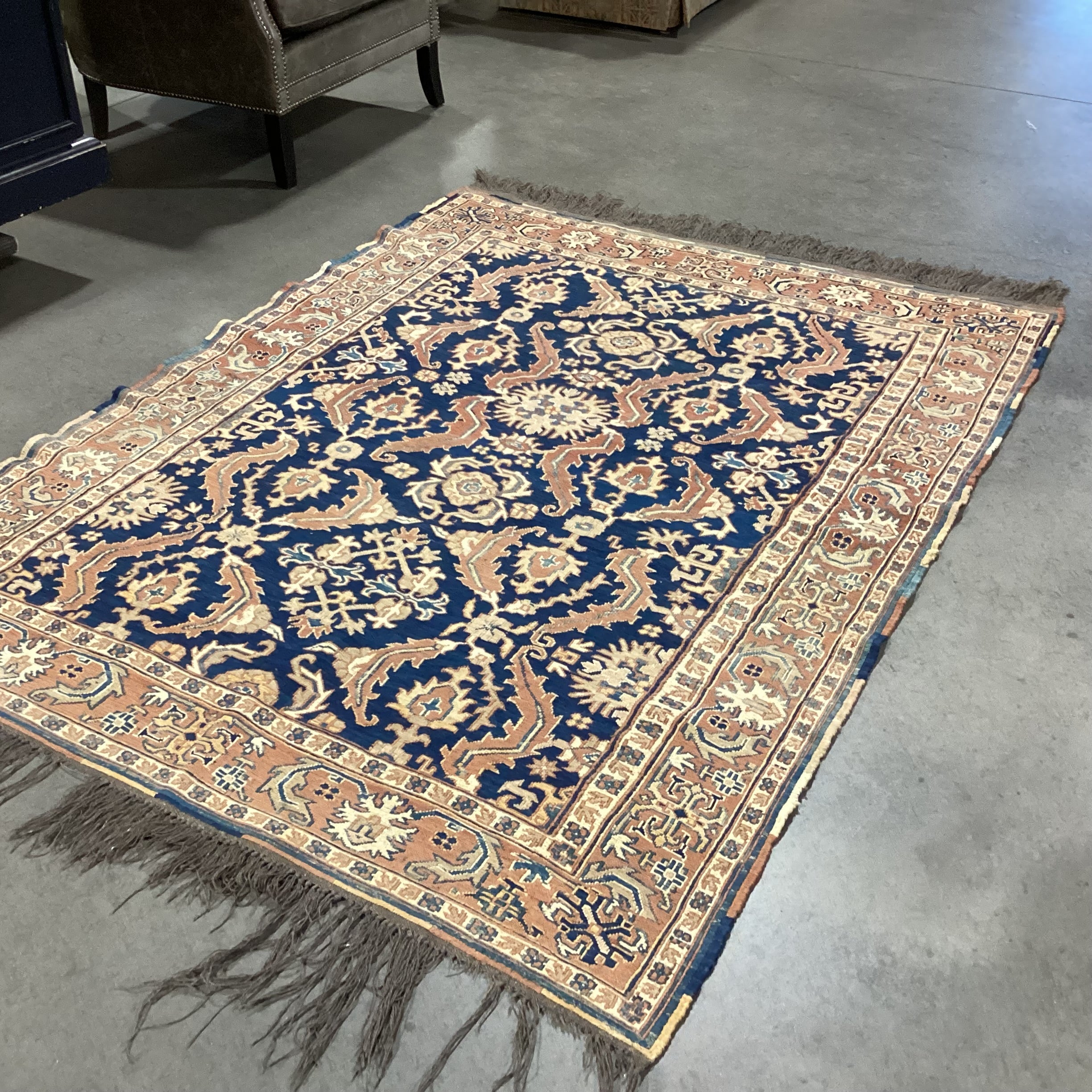 Vintage Antique Terracotta & Blue Hand Woven Wool Rug 4'9"x 7'