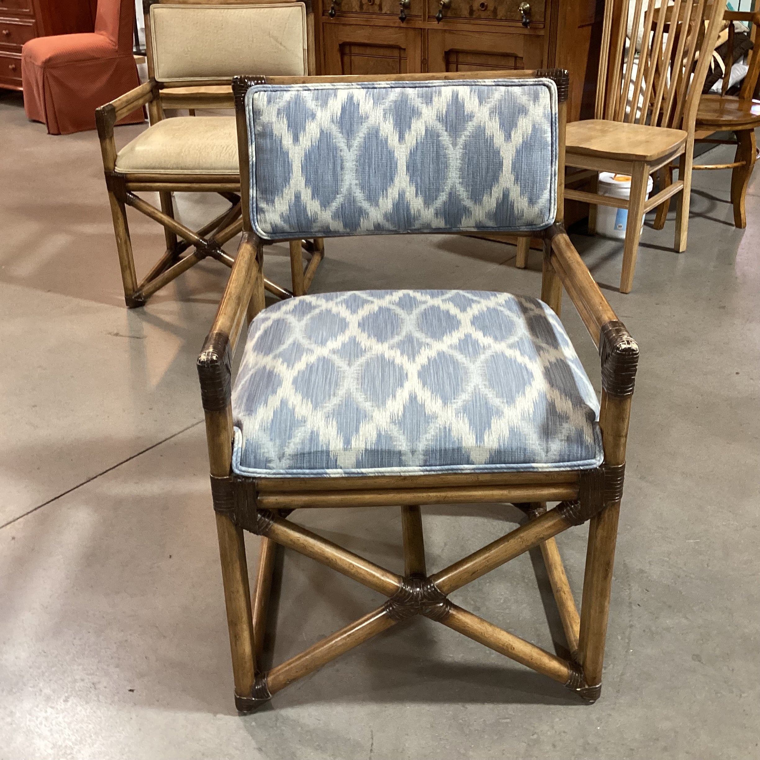 Vintage Bamboo Leather Strap Wrapped & Blue White Design Accent Chair 24"x 24"x 35"