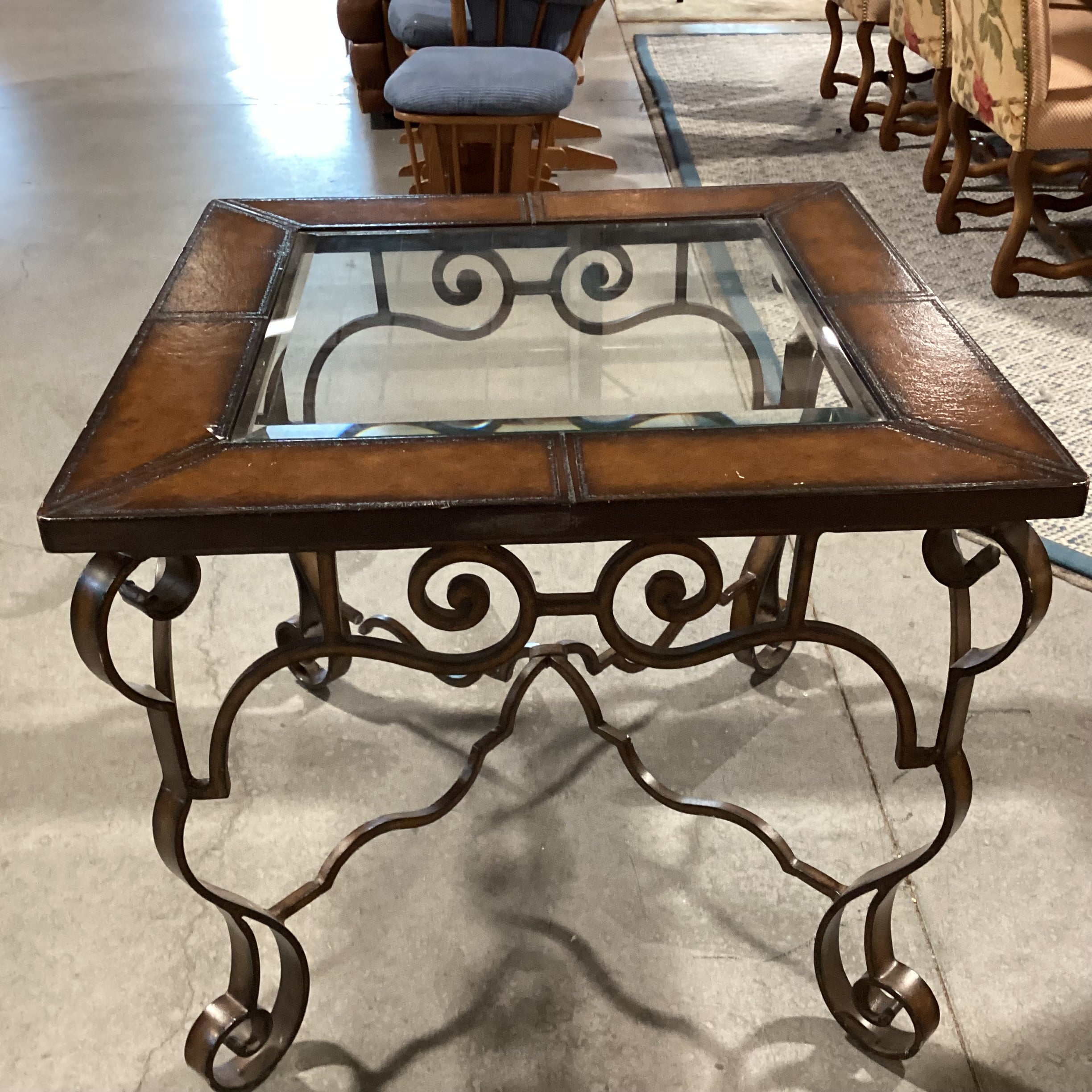 Ornate Iron & Leather Inset Glass Top Accent Table 30"x 30"x 27"