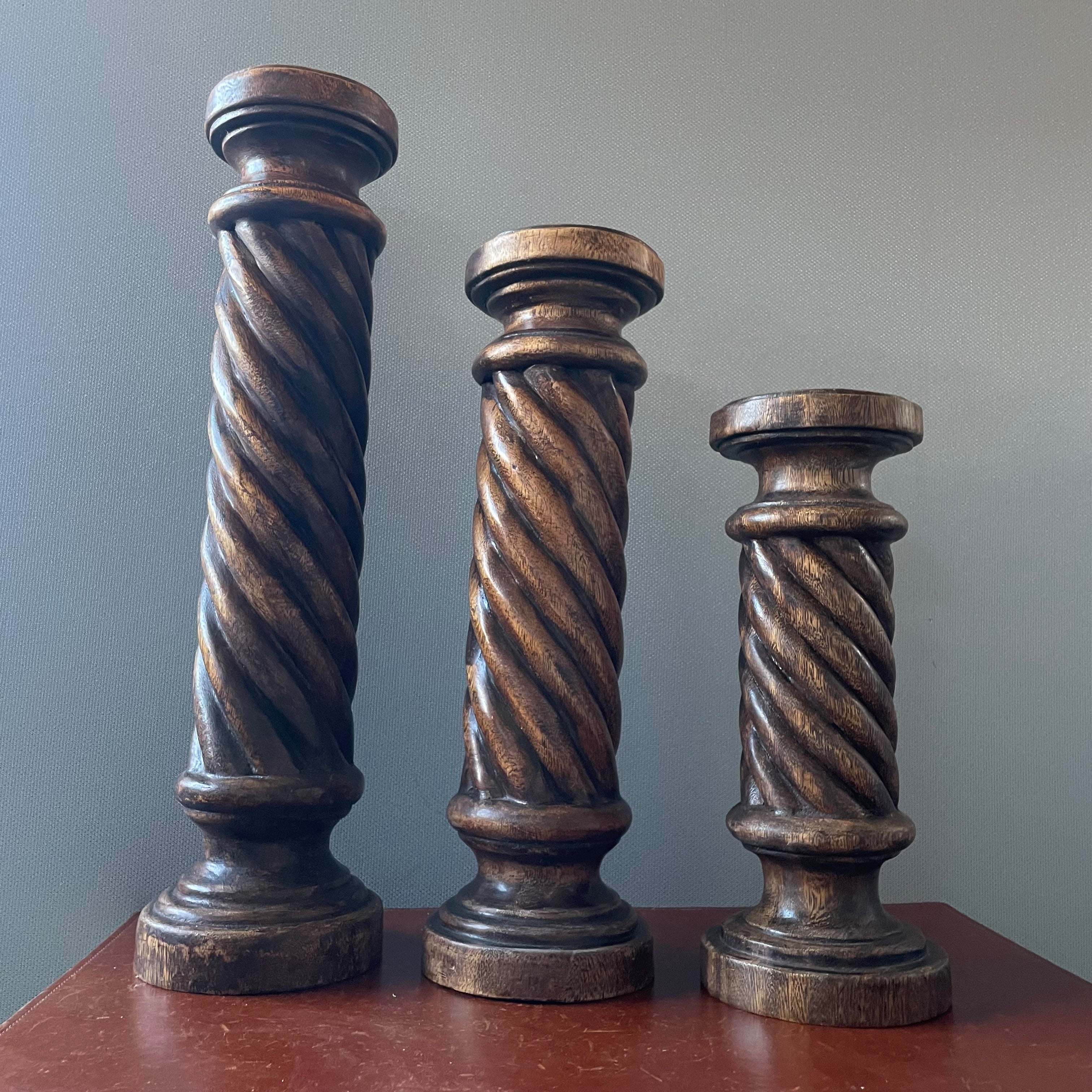 Set of 3 Vintage Wood Carved Barley Twist Candle Holders, 22",18,"x 14"