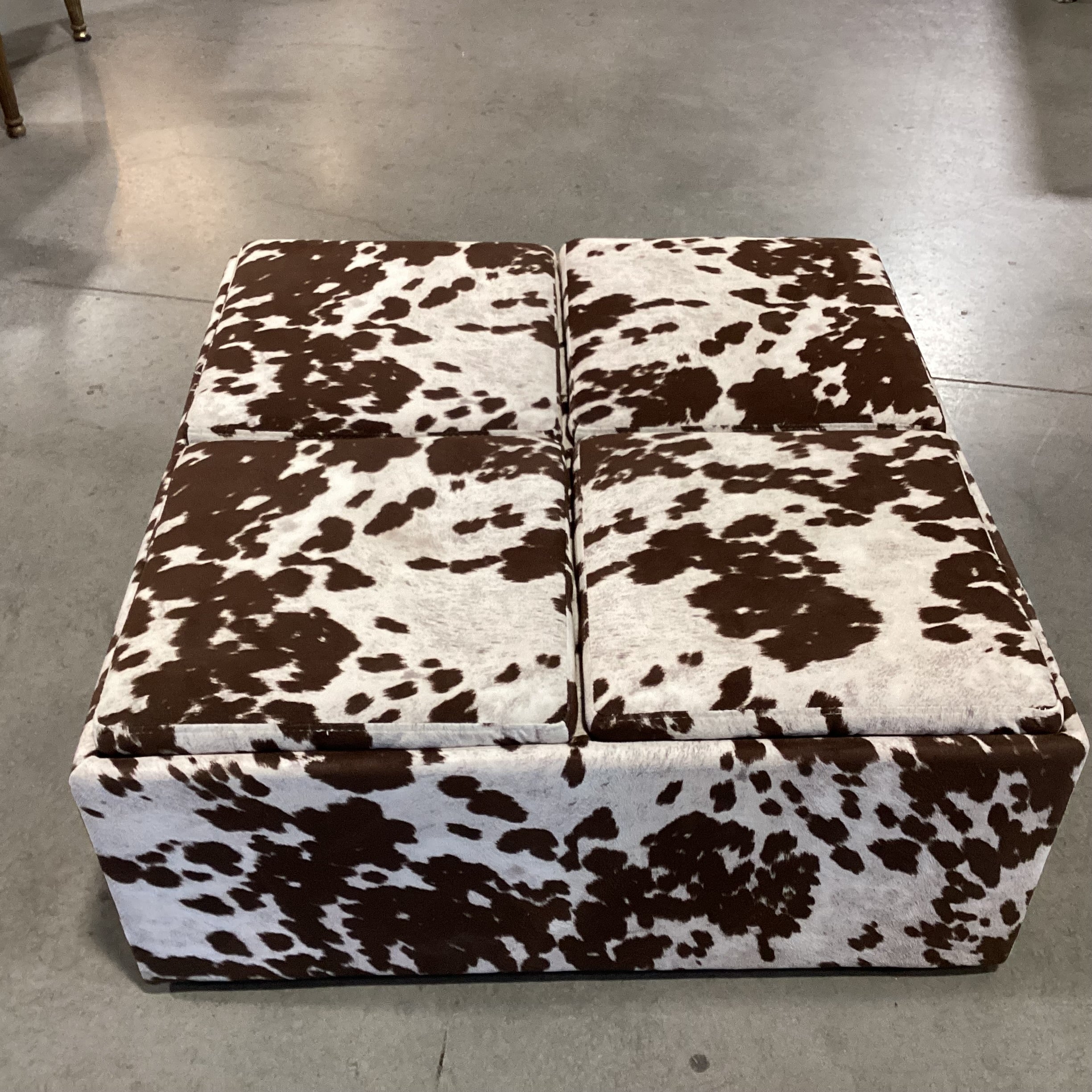 Faux Cowhide 4 Section Storage with Flip Top Tray Cocktail Ottoman 36"x 36"x 16"