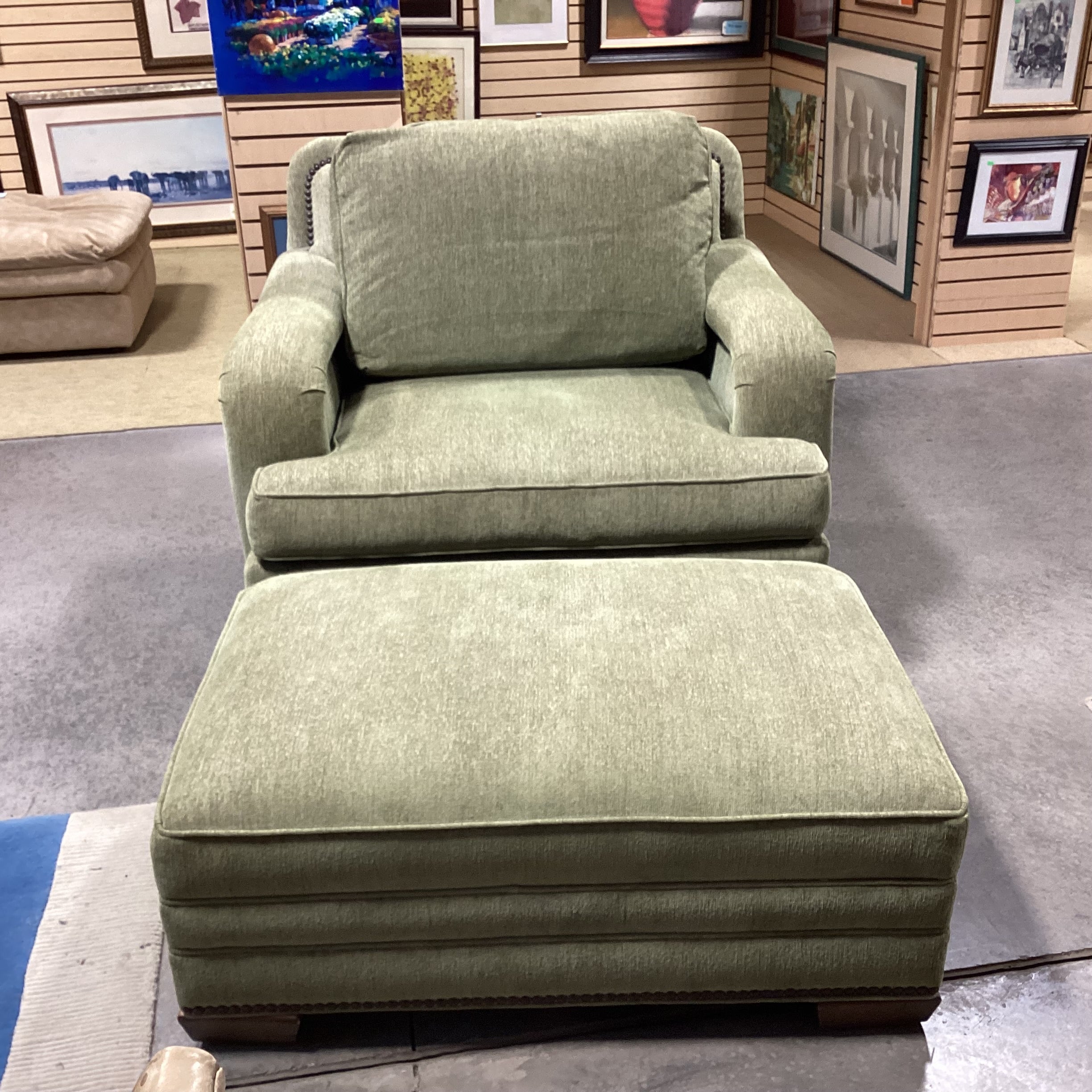 Stanford Furniture Light Green Nailhead with Ottoman Oversized Chair 46"x 39"x 38"