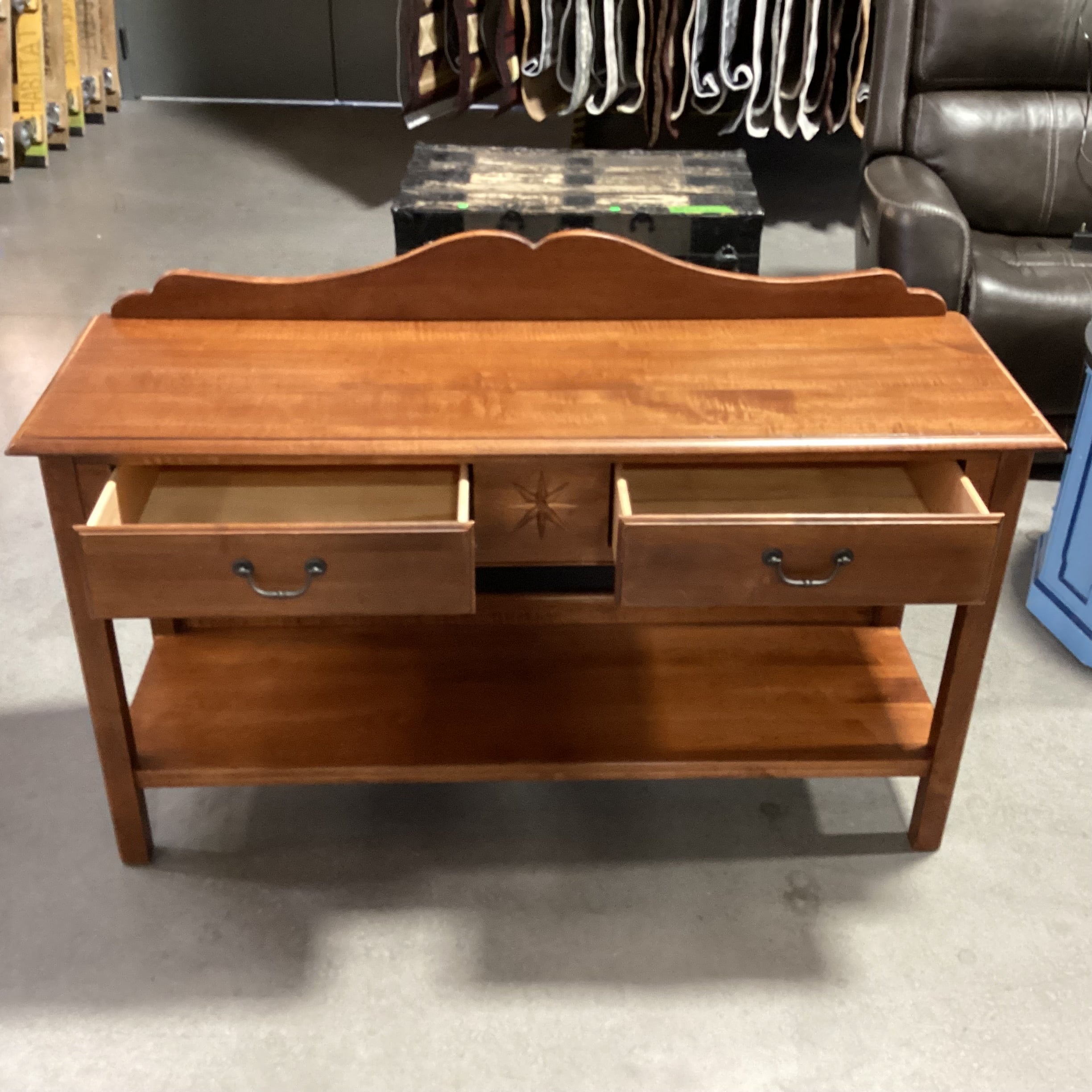 Ethan Allen Cherry Tone Finished Maple 2 Drawer with Bottom Shelf & Backsplash Sofa Table 54"x 17"