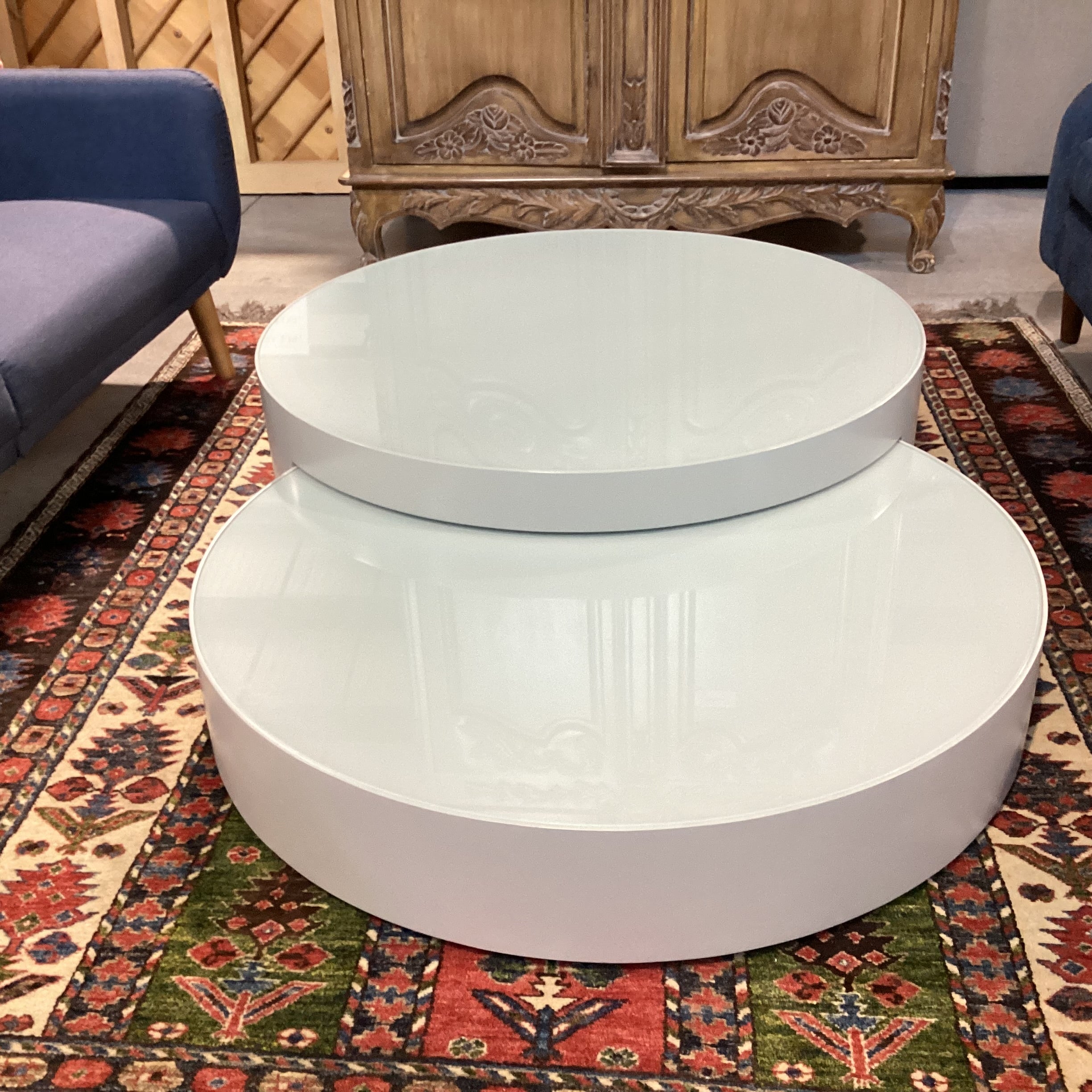 Modern Grey Lacquer & Glass Top Double Nesting Circles Coffee Table 67"x 43.5"x 12"