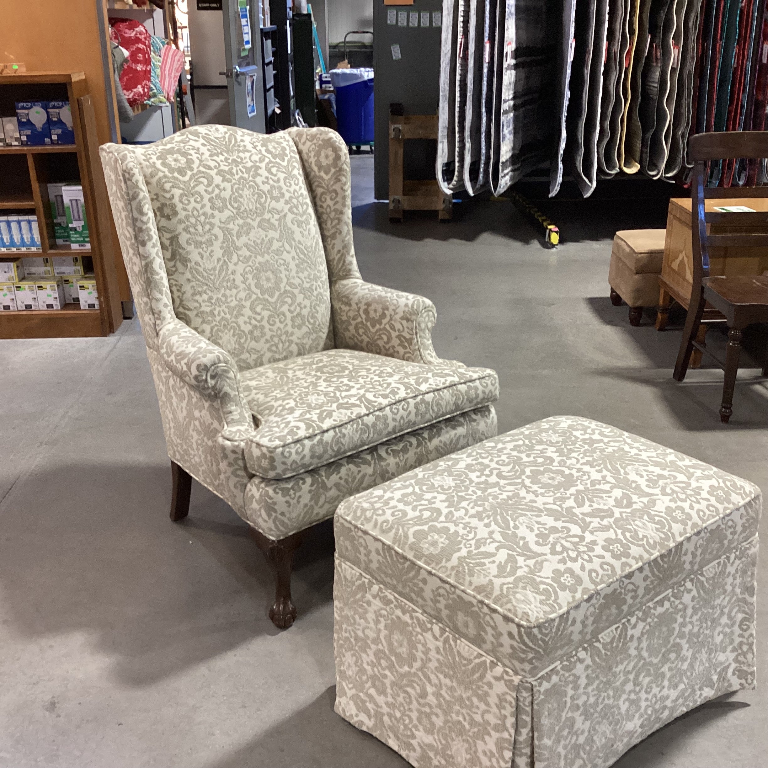 Sickles Custom Upholstery Cream & Raised Taupe Floral with Ottoman Wing Chair 33"x 34"x 43"