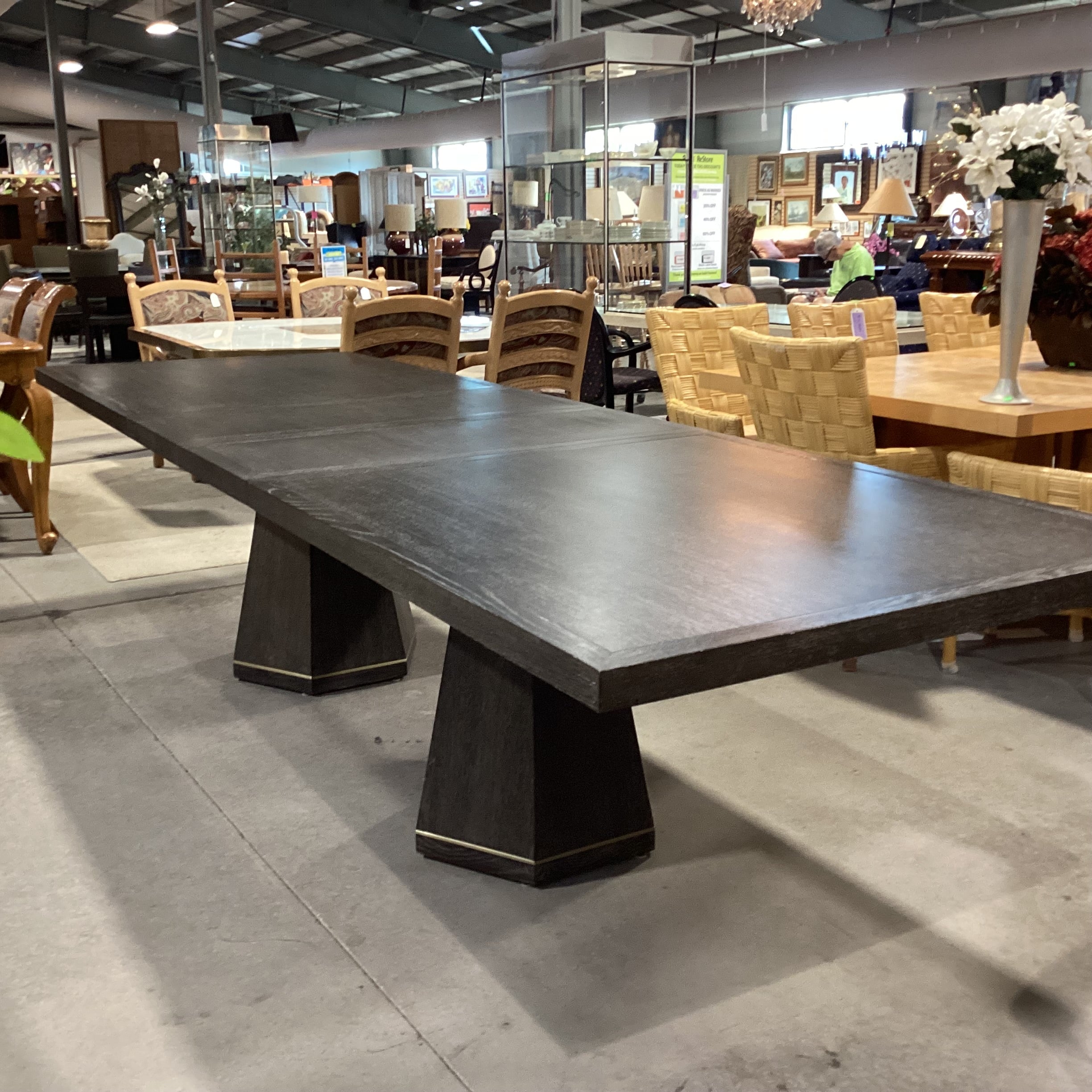 Mitchell Gold & Bob Williams Modern Cerused Charcoal Finish Oak Geometrical Pedestals with Brass Emerson Dining Table 96" to 132"x 42"x 30.5"