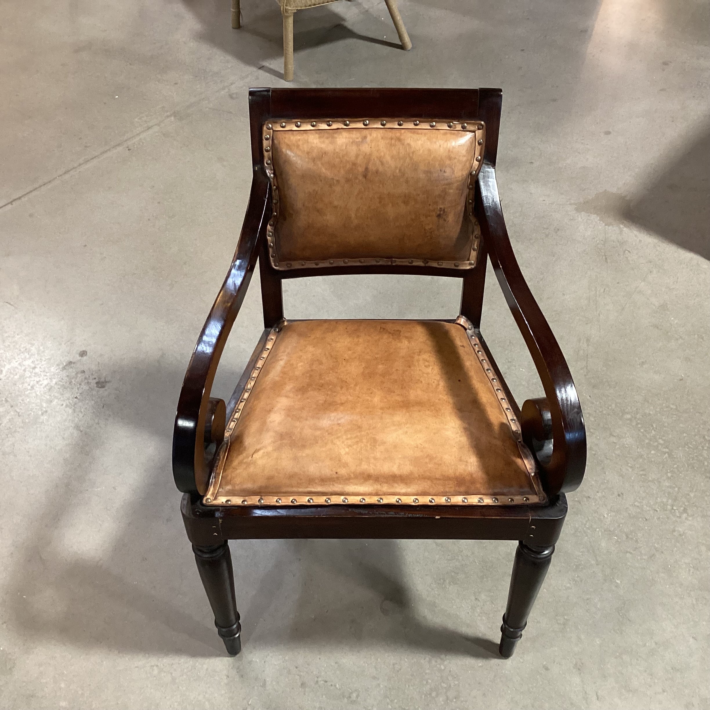 Vintage Antique Carved Scroll Arm & Leather Nailhead Chair 24"x 22"x 34"