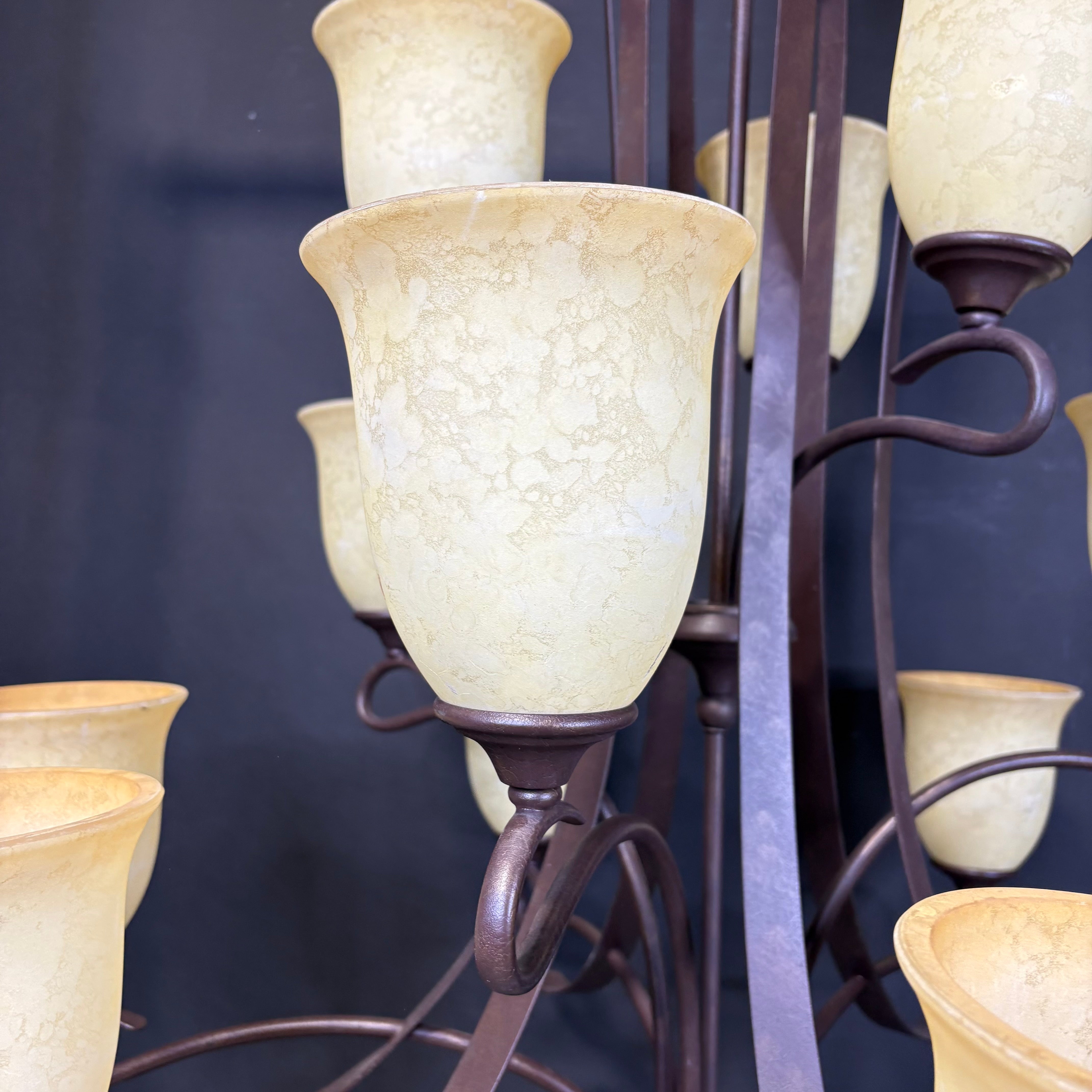 Traditional 12-Light Tiered Crackle Bronze with Glass Shades Chandelier 40” Diameter x 42” - 65”