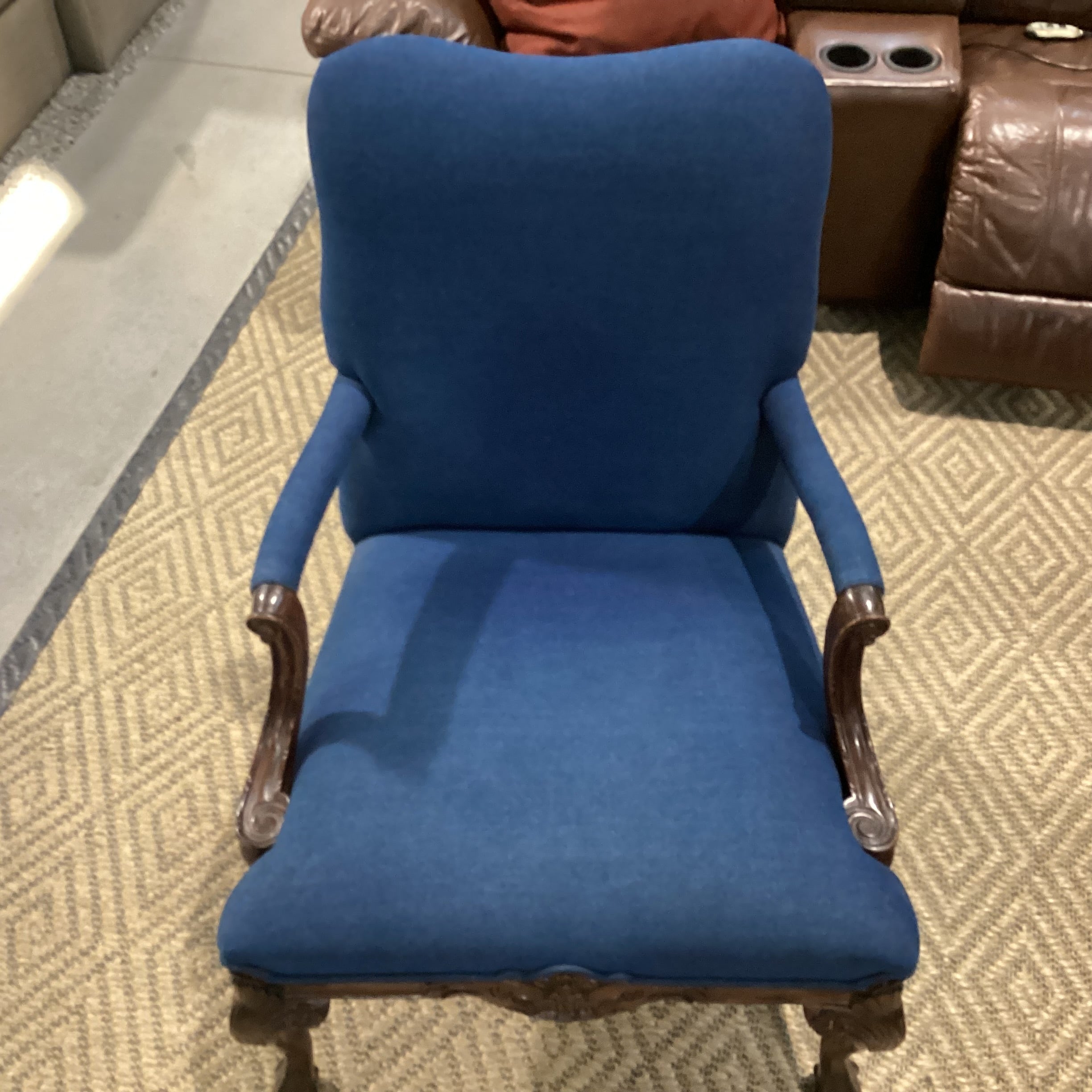 Antique Carved Wood Claw & Ball Foot & Denim Upholstered Chair 29"x 32"x 38"