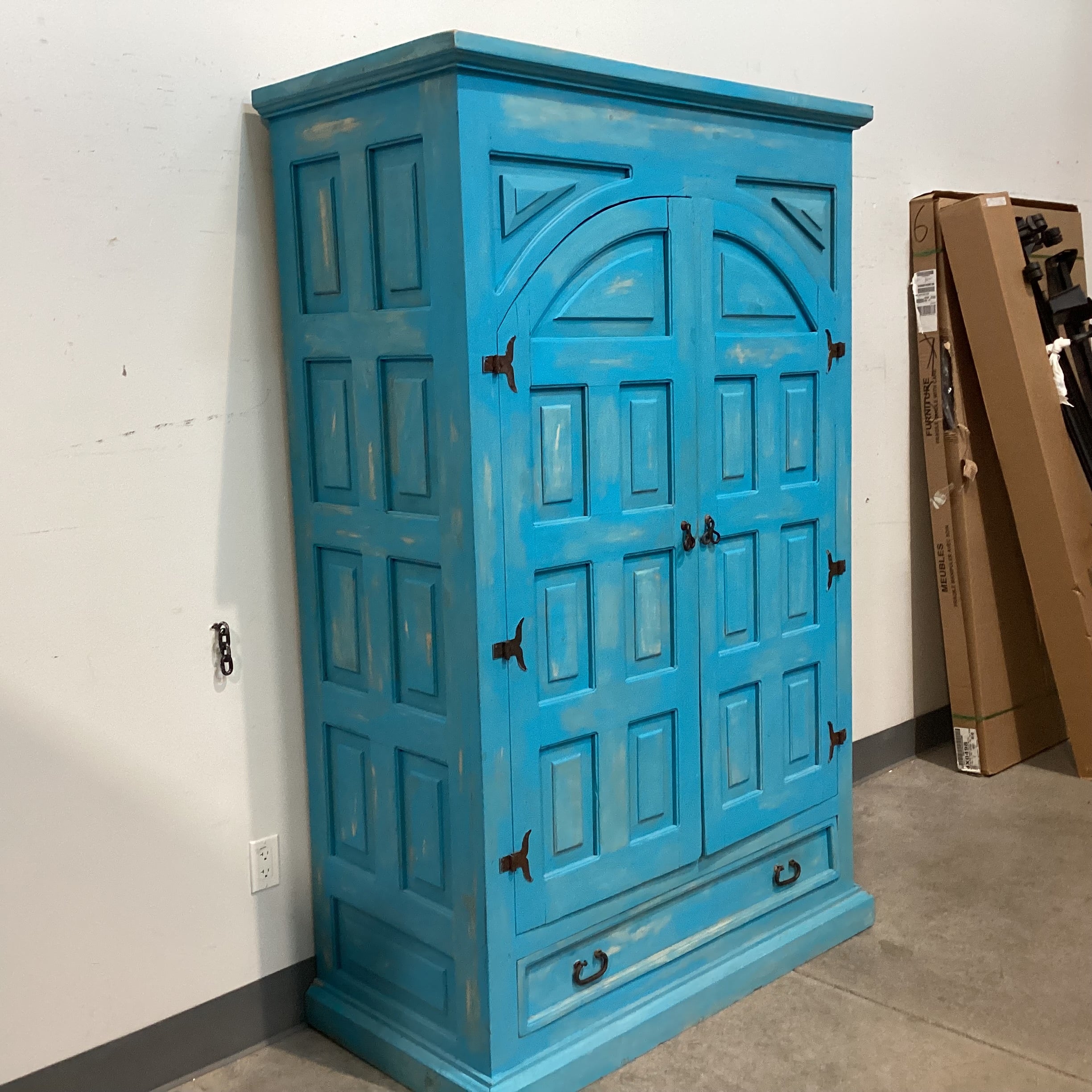 Rustic Carved Pine Distressed Blue 2 Door with Shelves 1 Drawer Armoire 51"x 25"x 80"