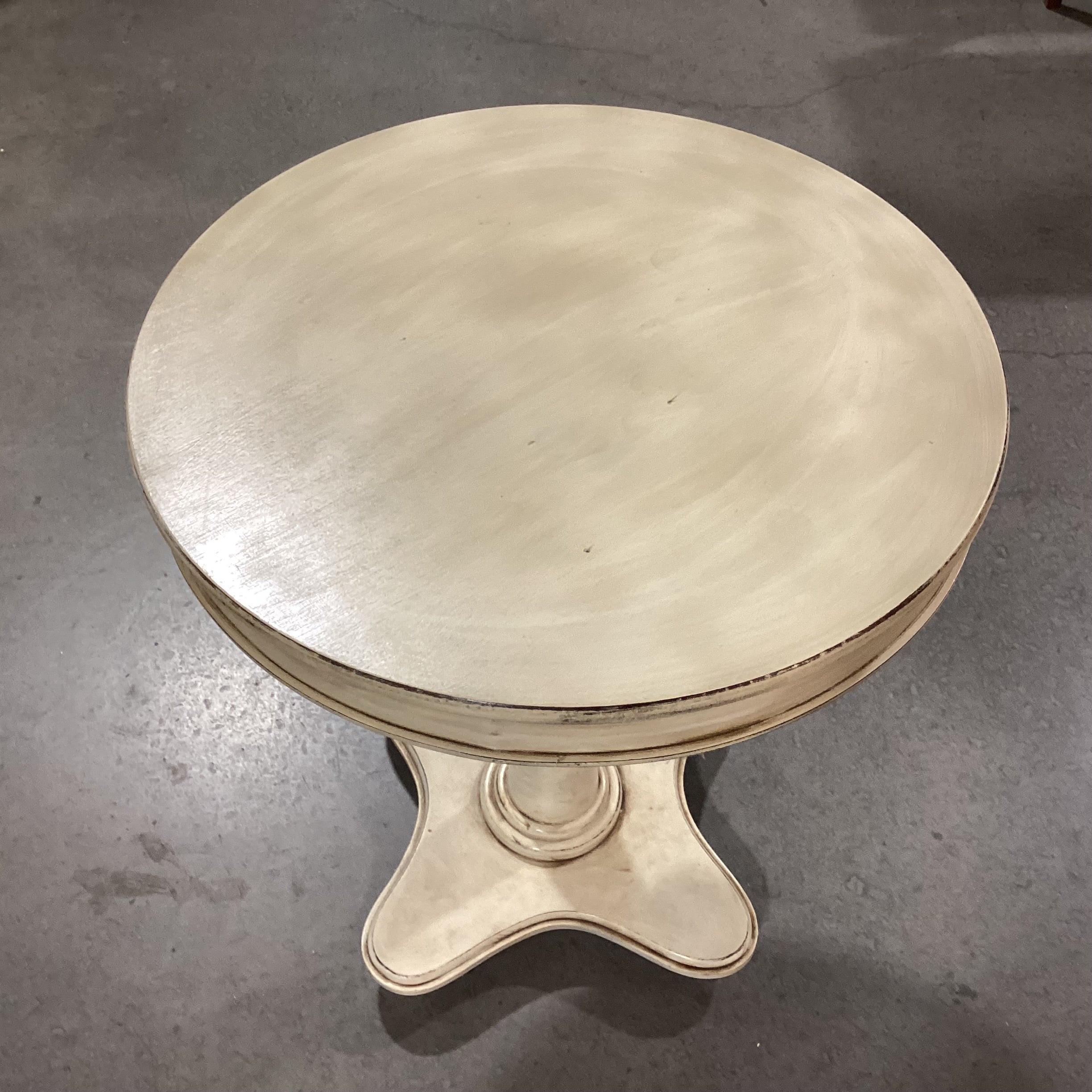 Cream Antiqued Finish Wood with Pedestal Round End Table 24" Diameter X 28"