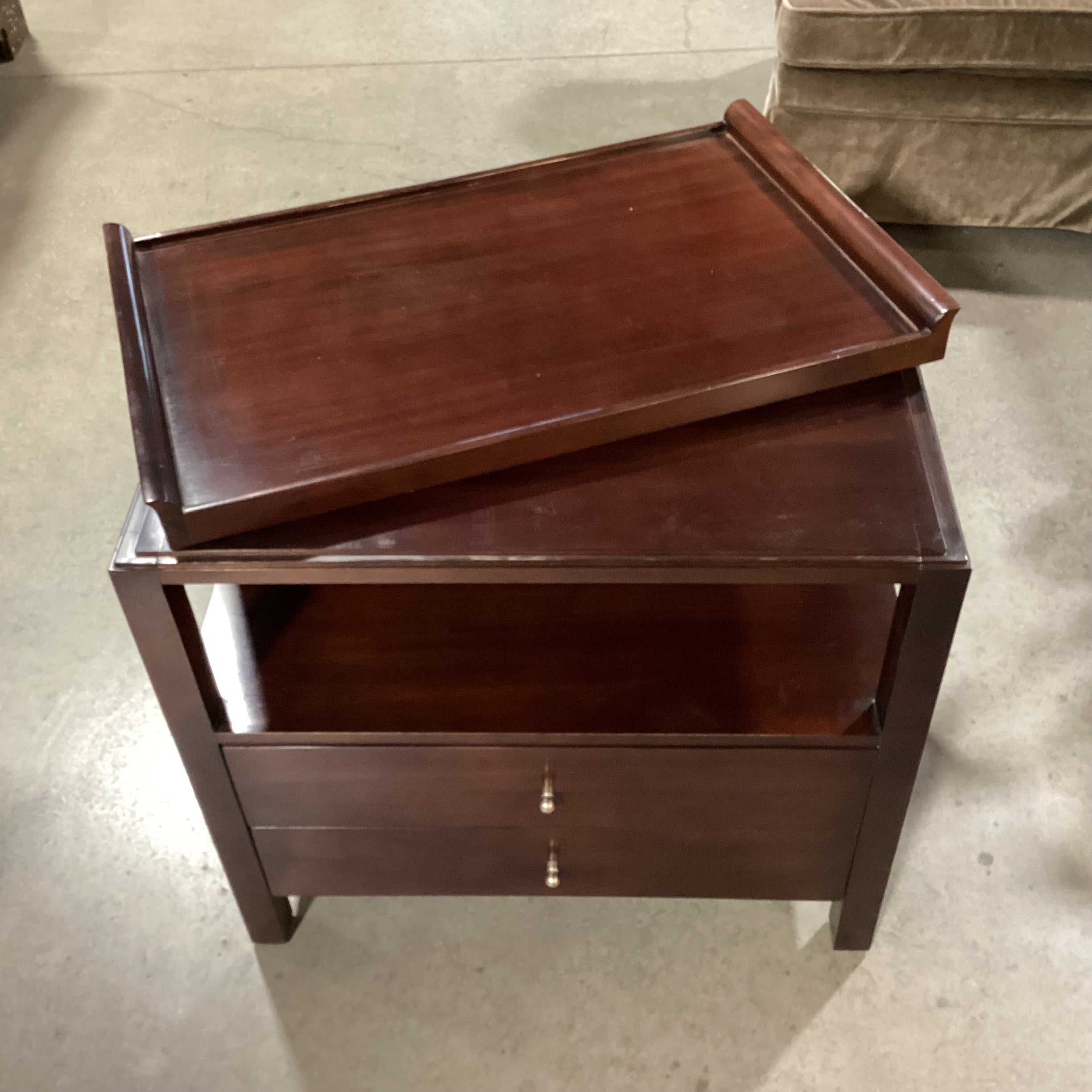 Baker Furniture Mahogany 2 Drawer with Open Shelf & Tray Top End Table 30.5"x 20"x 29.5"