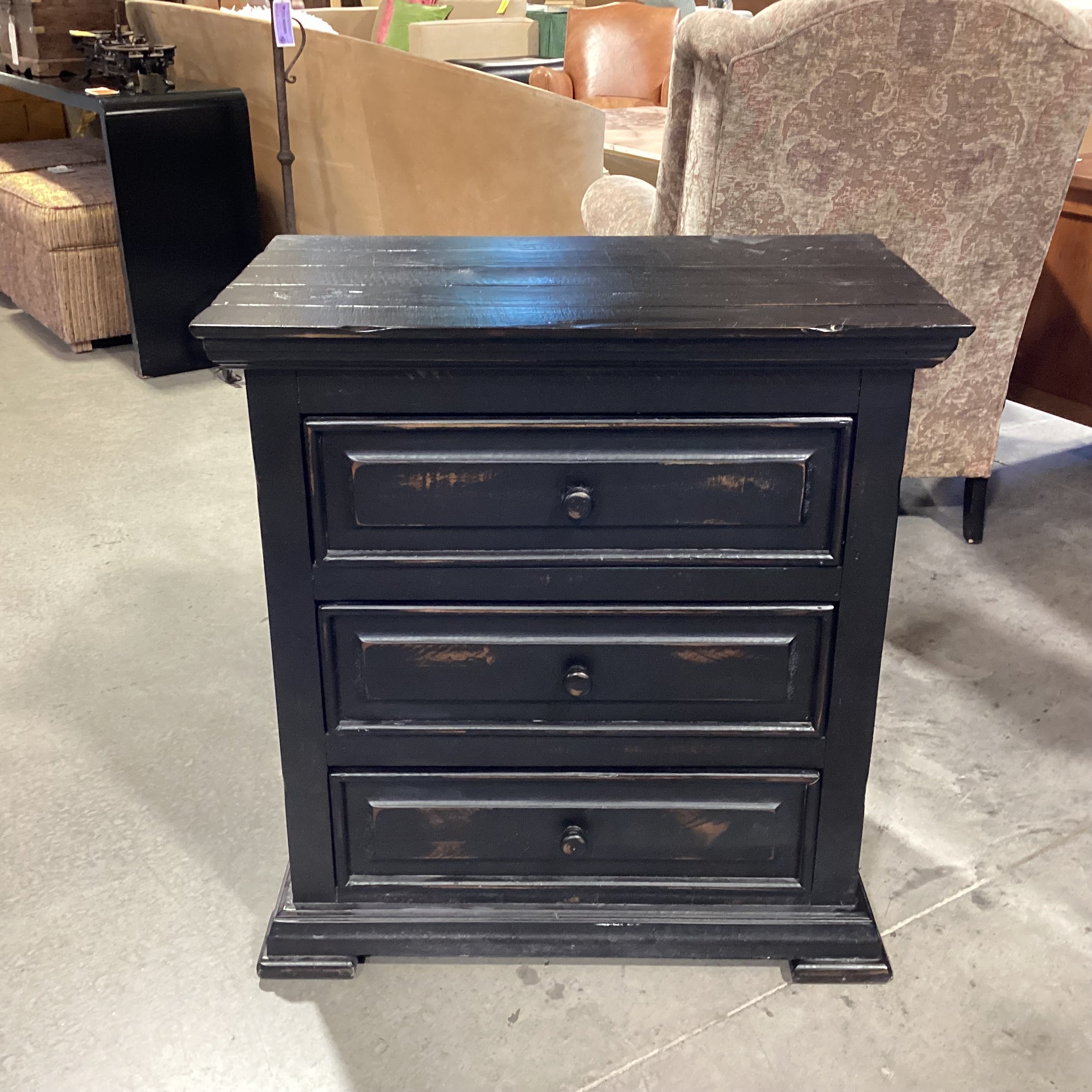 Black Distressed Wood 3 Drawer Chest Nightstand