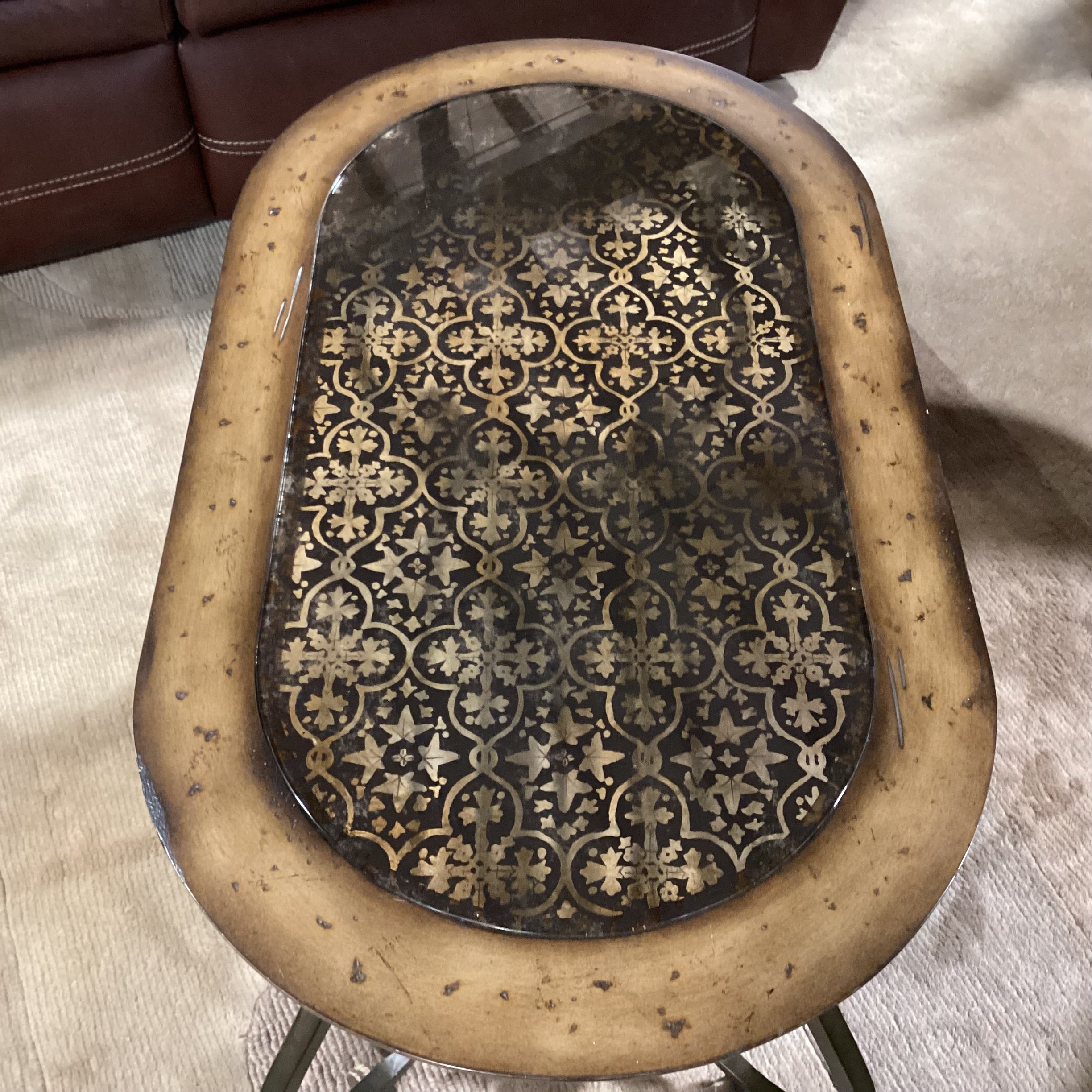 Distressed Wood & Metal with Black Detailed Leaf Design Glass on Casters Coffee Table 38"x 21.5"x 20"