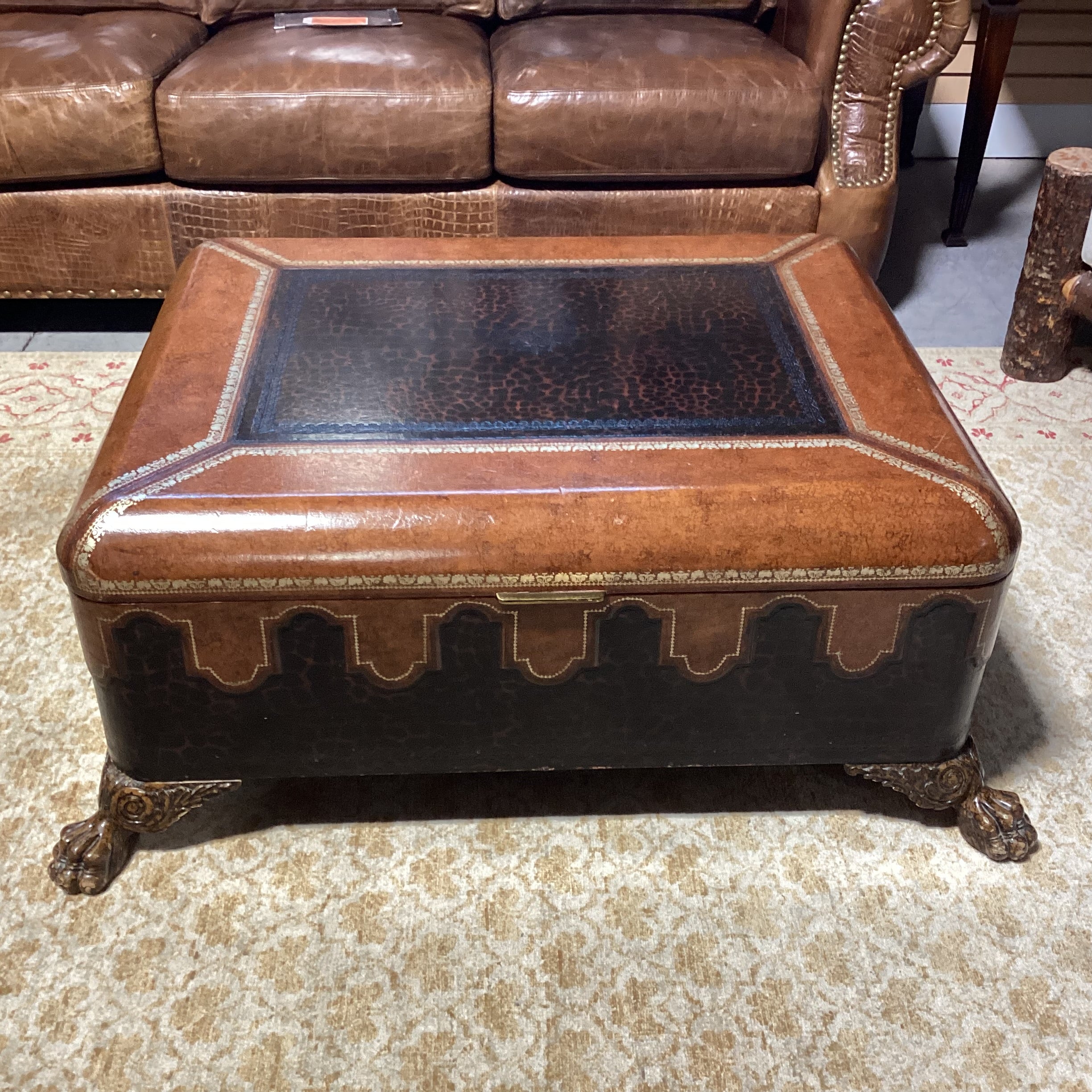 Maitland Smith Leather with Gold Stamping & Carved Clawfoot Trunk 44"x 35"x 18"