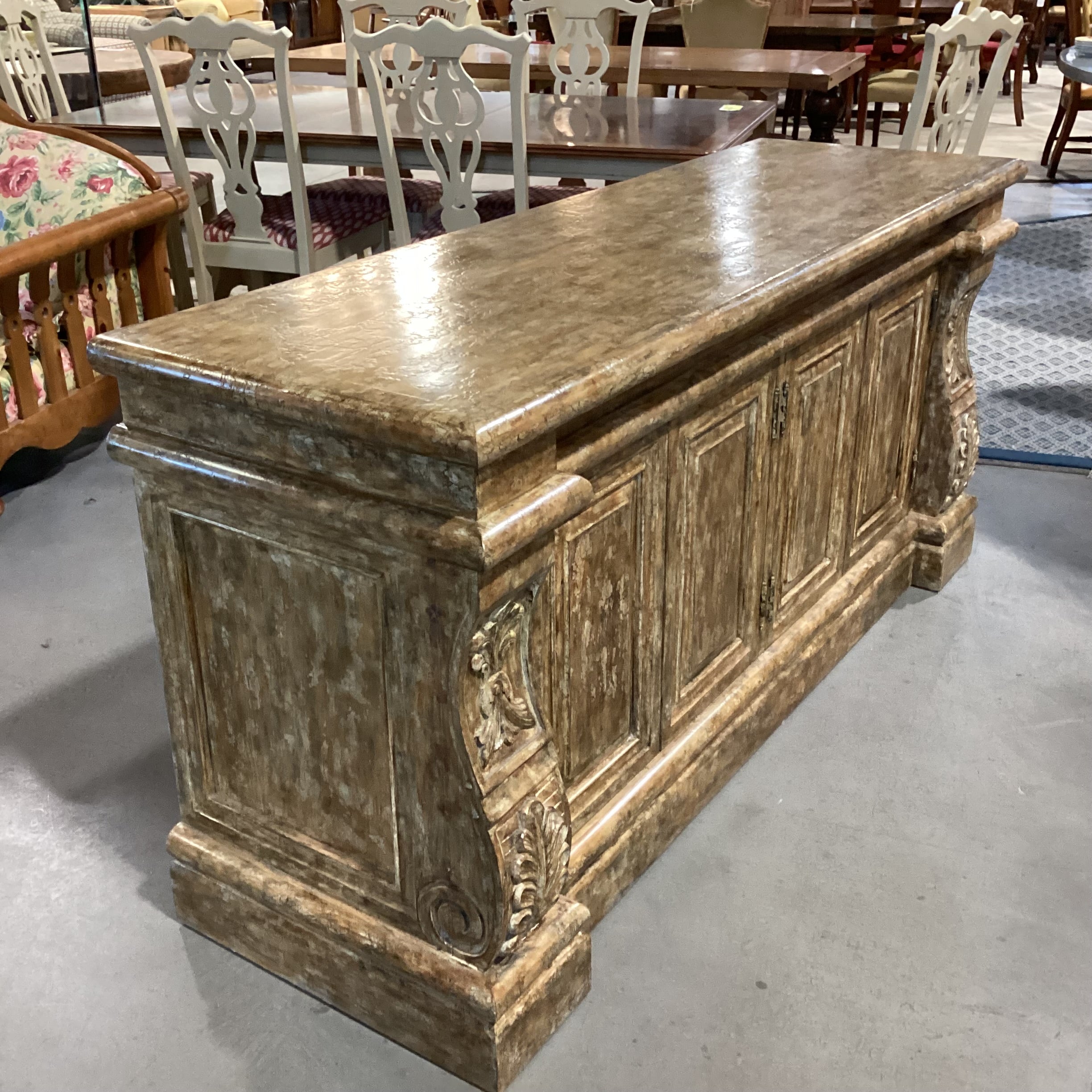 Golden Textured Distressed Finish Ornate Carved Wood 4 Door Credenza 72"x 22.5"x 34"