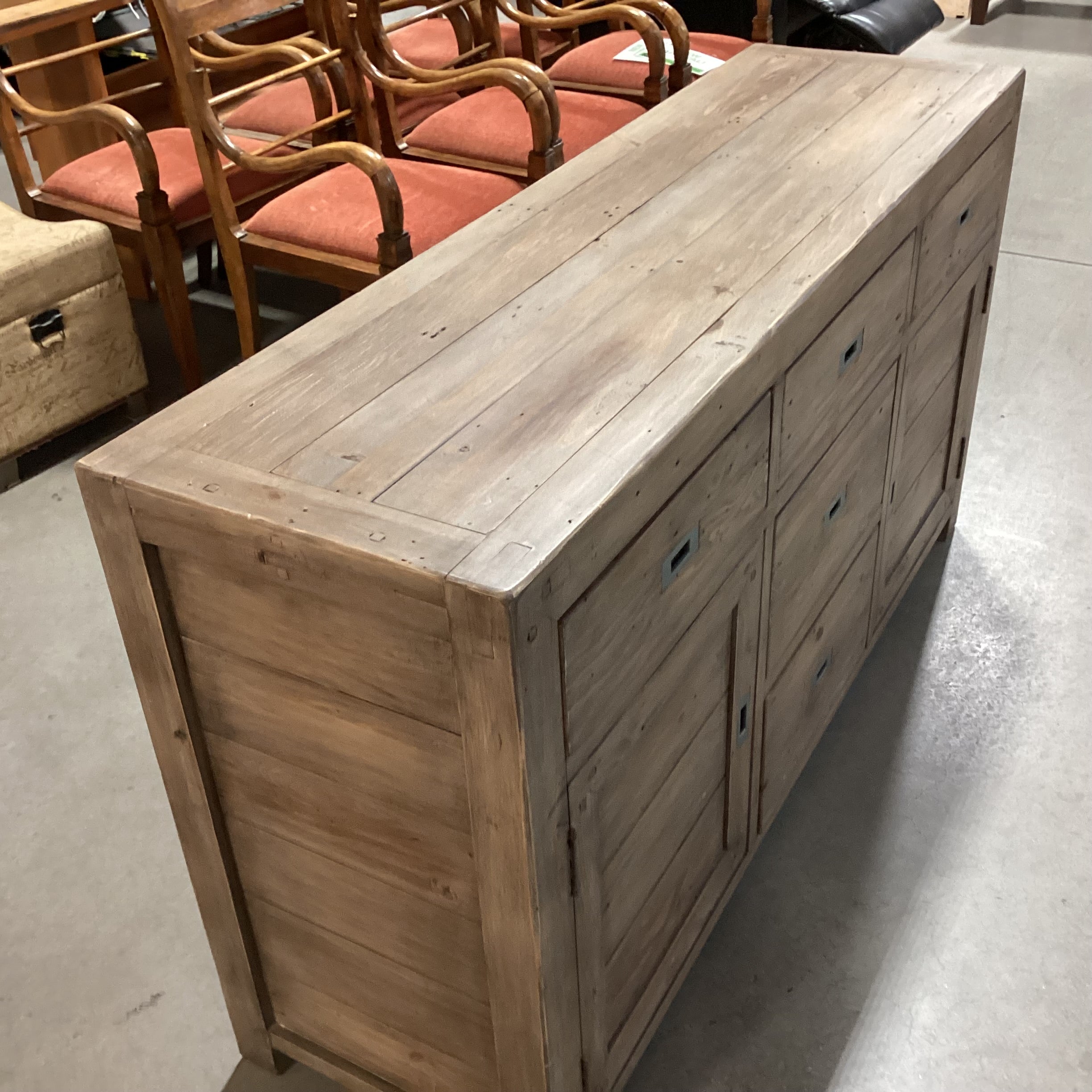 Rustic Reclaimed Wood Campaign Style 2 Door with Shelves 5 Drawer Sideboard 61"x 18"x 33.5"