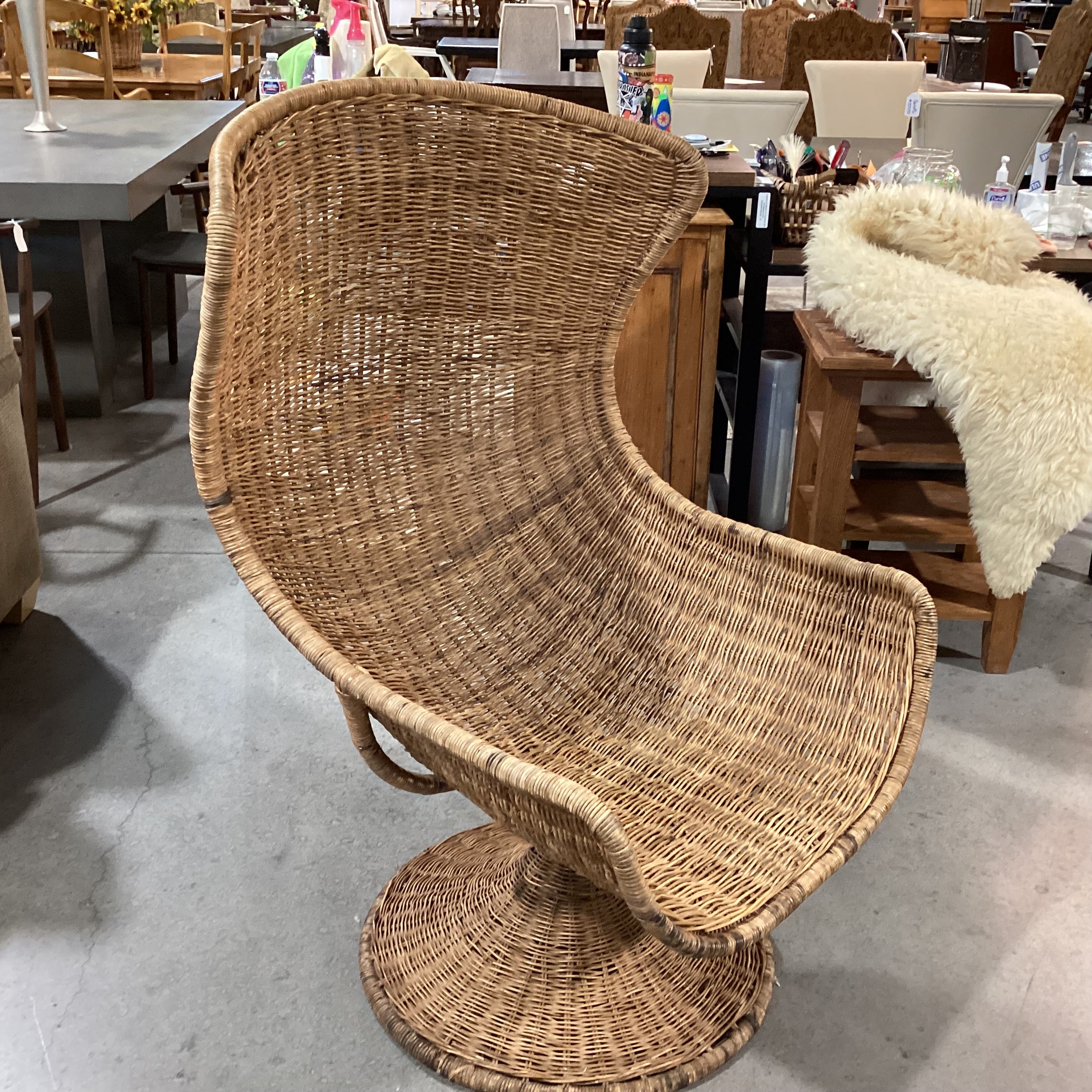 Vintage Wicker Swivel Rock with Sheepskin Chair 30"x 30"x 48"