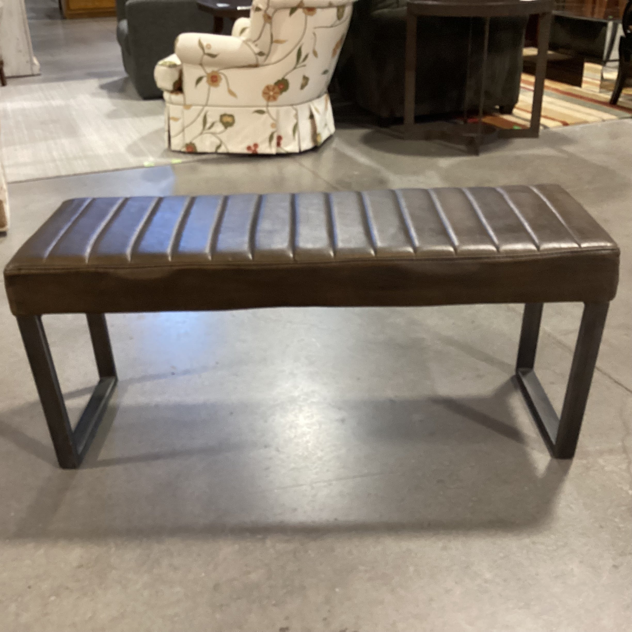 Jasper Distressed Bronze Faux Leather Channel Tufted & Metal Bench 45"x 16"x 20"