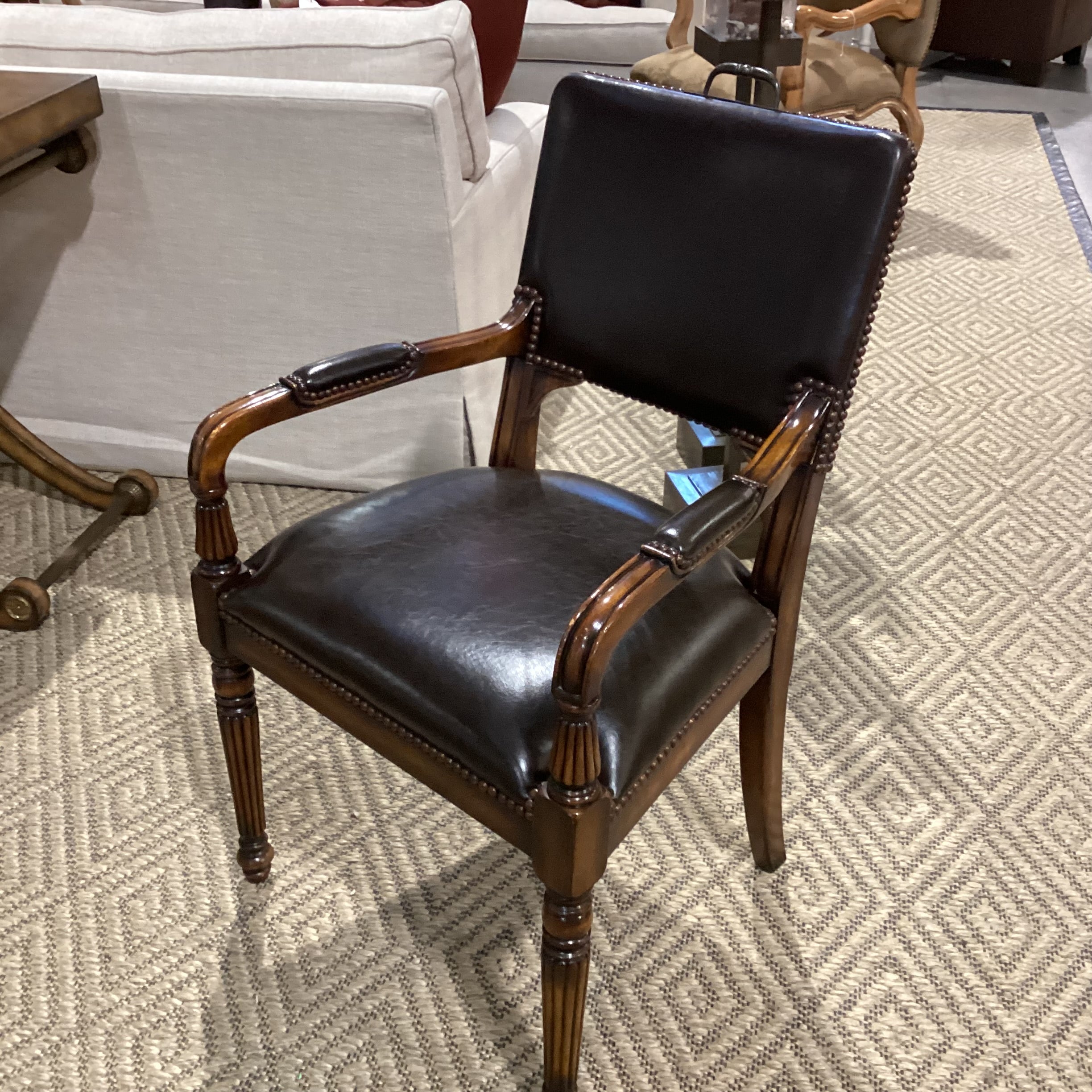 Carved Wood Leather Nailhead & Back Handle Chair 24"x 24"x 39"