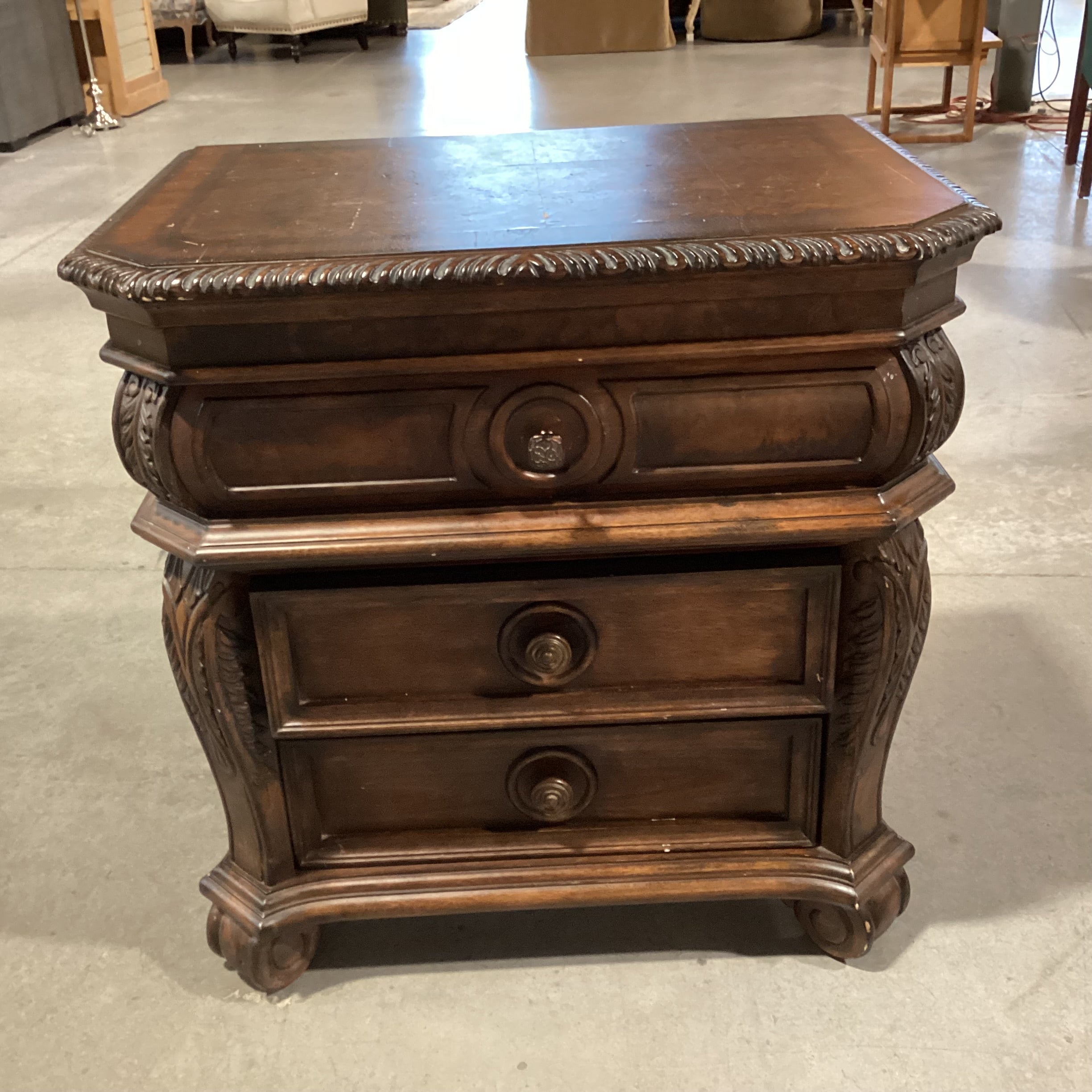 TS Berry Ornate Carved Wood & Veneer 3 Drawer Nightstand 32"x 22"x 33"