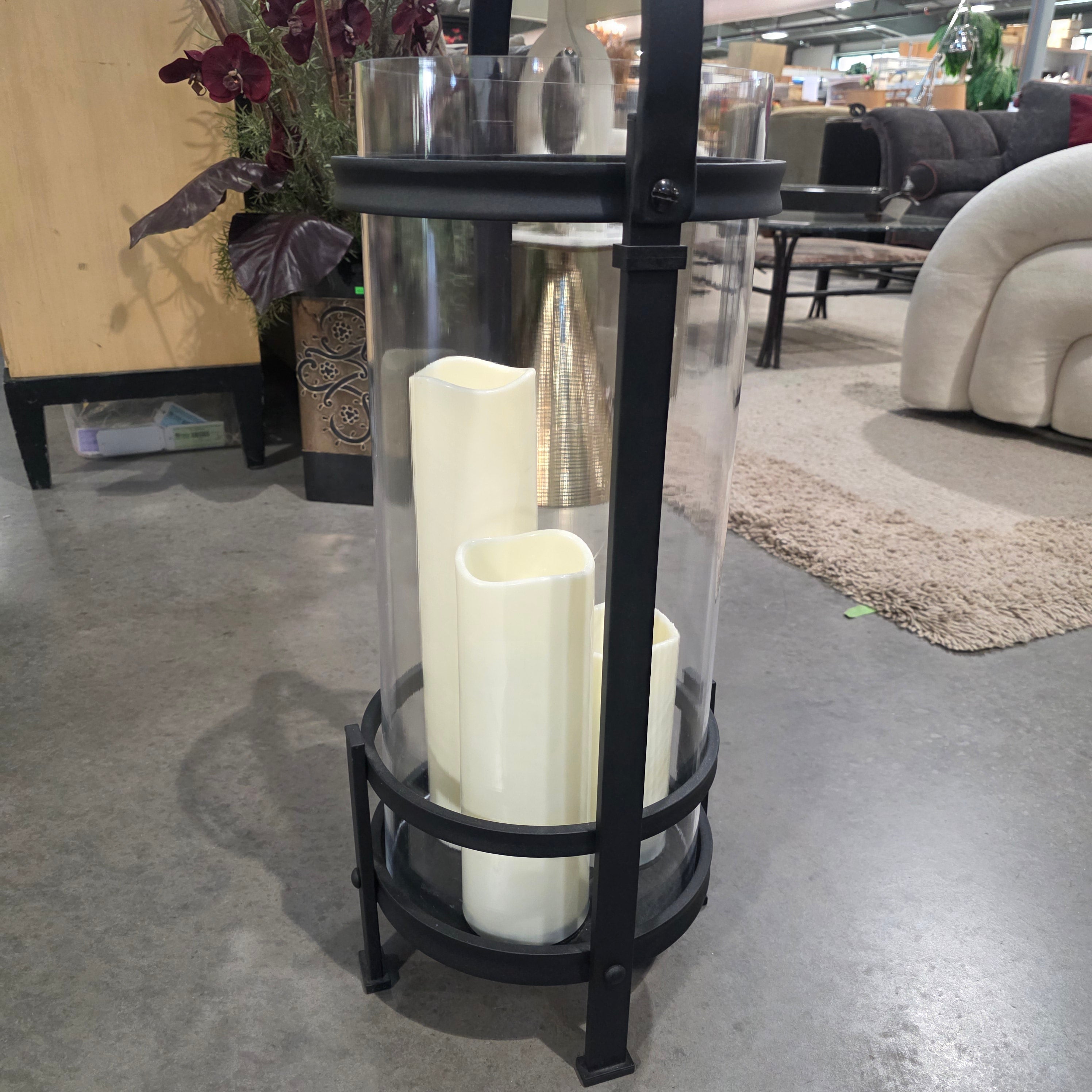 Large 3 Candle Iron & Glass Battery Operated Decorative Hurricane Lantern 11" Diameter x 35"