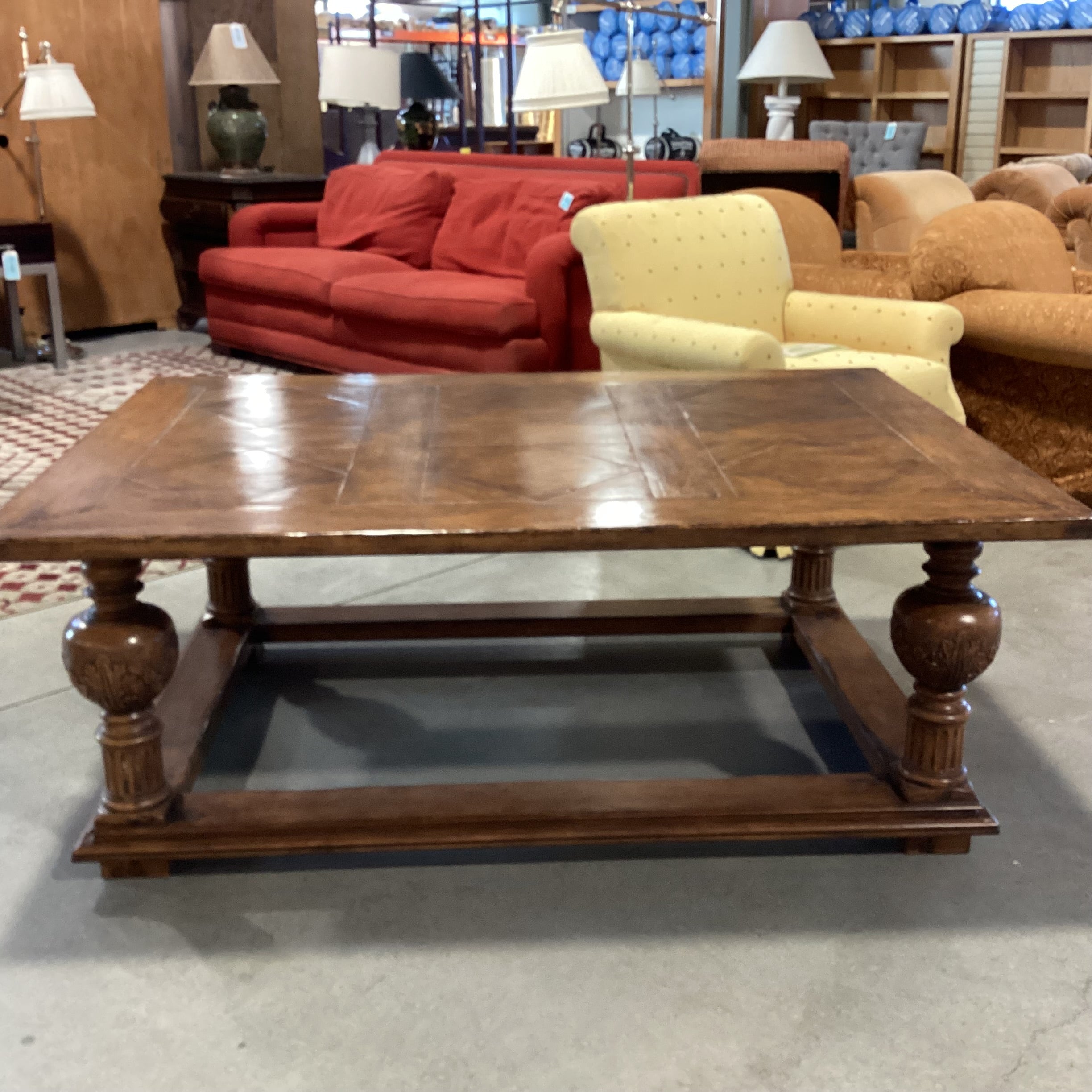 Solid Distressed Finish Wood with Ornate Carved Legs & Top Diamond Detail Coffee Table 63"x 45"x 24"