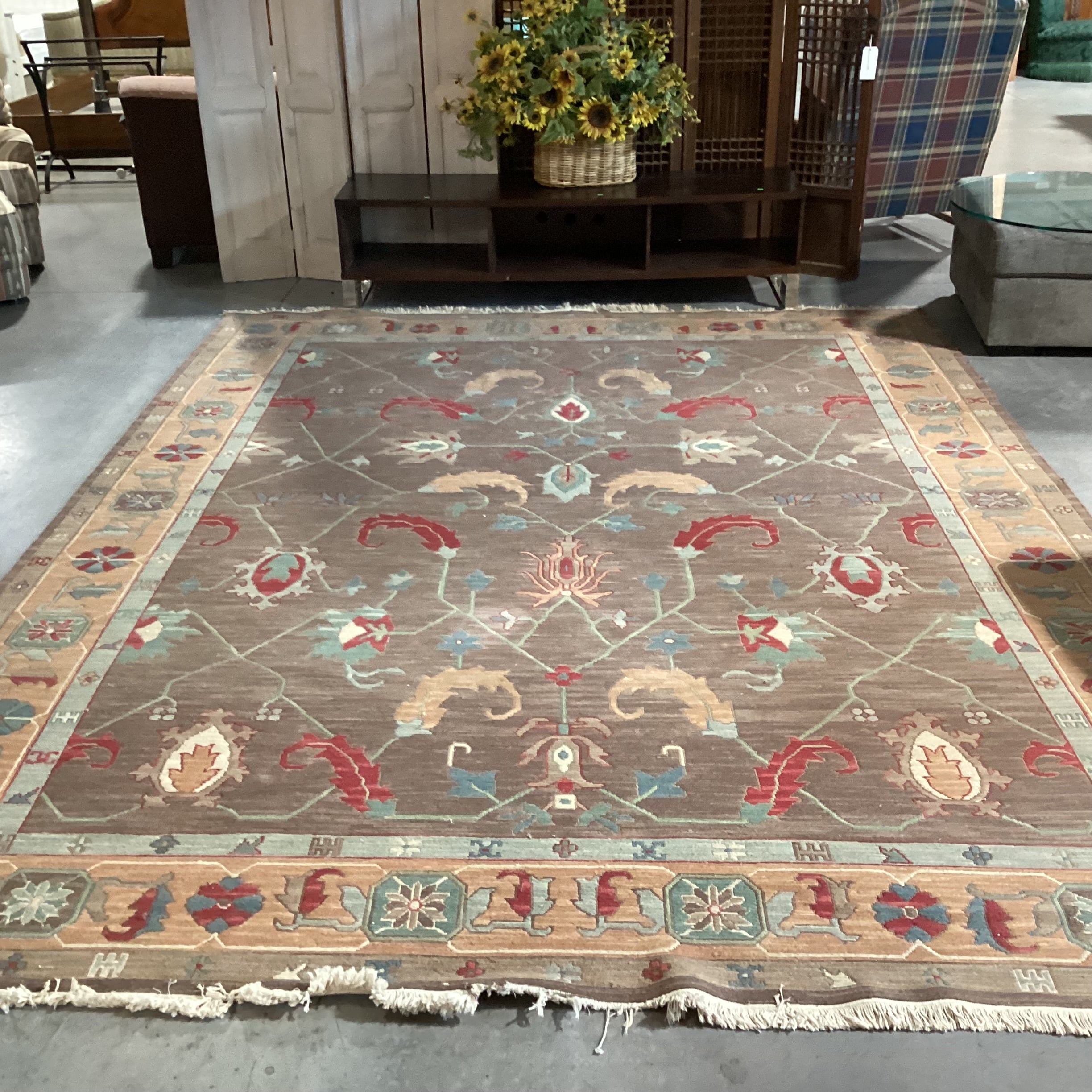 Taupe Peach Red & Teal Floral with Border Hand Woven Wool Rug 9'1"x 12'1"