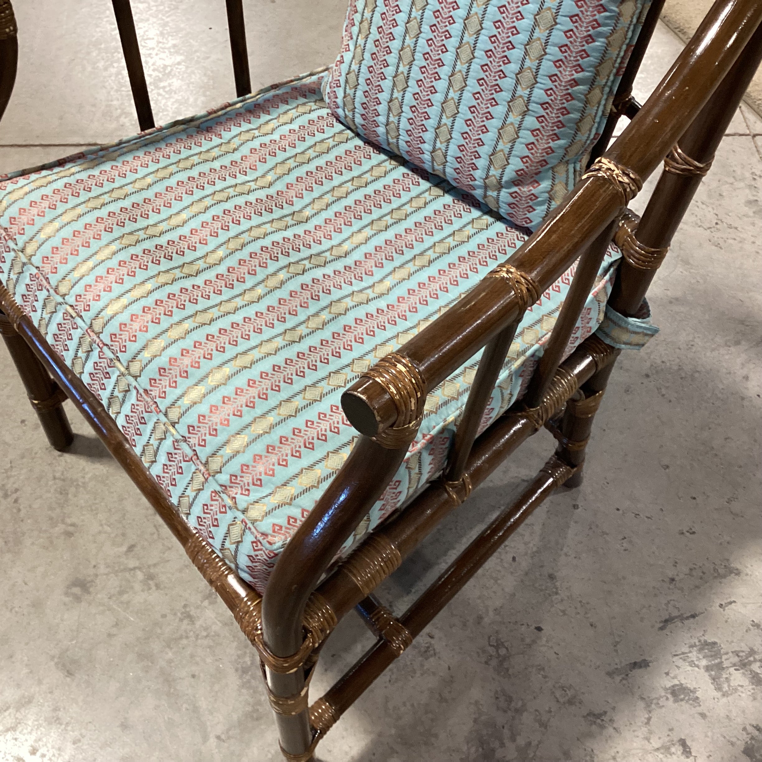 Bamboo Rattan with Blue Red Gold Ribbon Style Fabric Chair 23"x 23"x 34"
