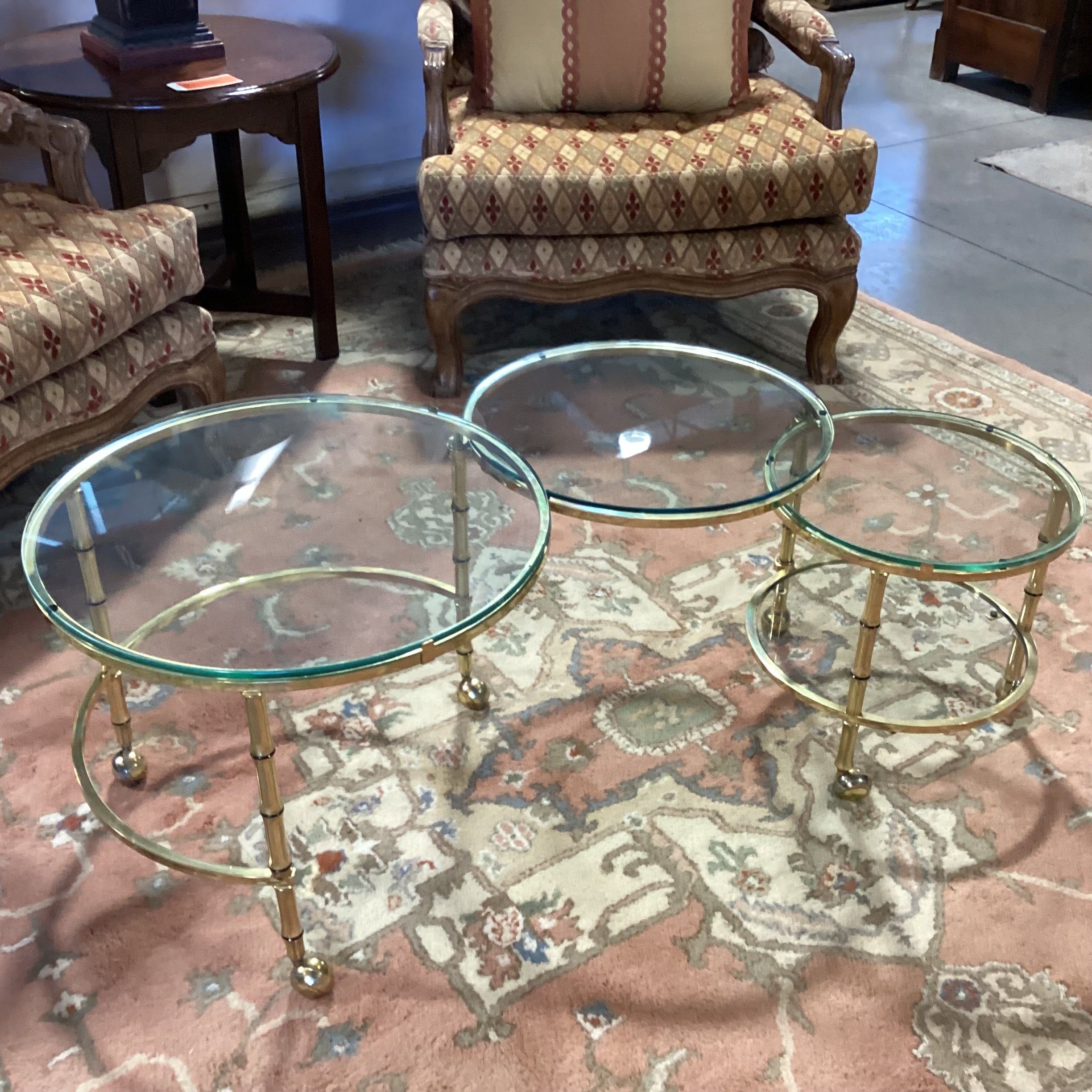Vintage Mid Century Brass Bamboo Style & Glass Rounds on Casters Fold in Expandable Coffee Table 25" to 56"x 22"x 18"