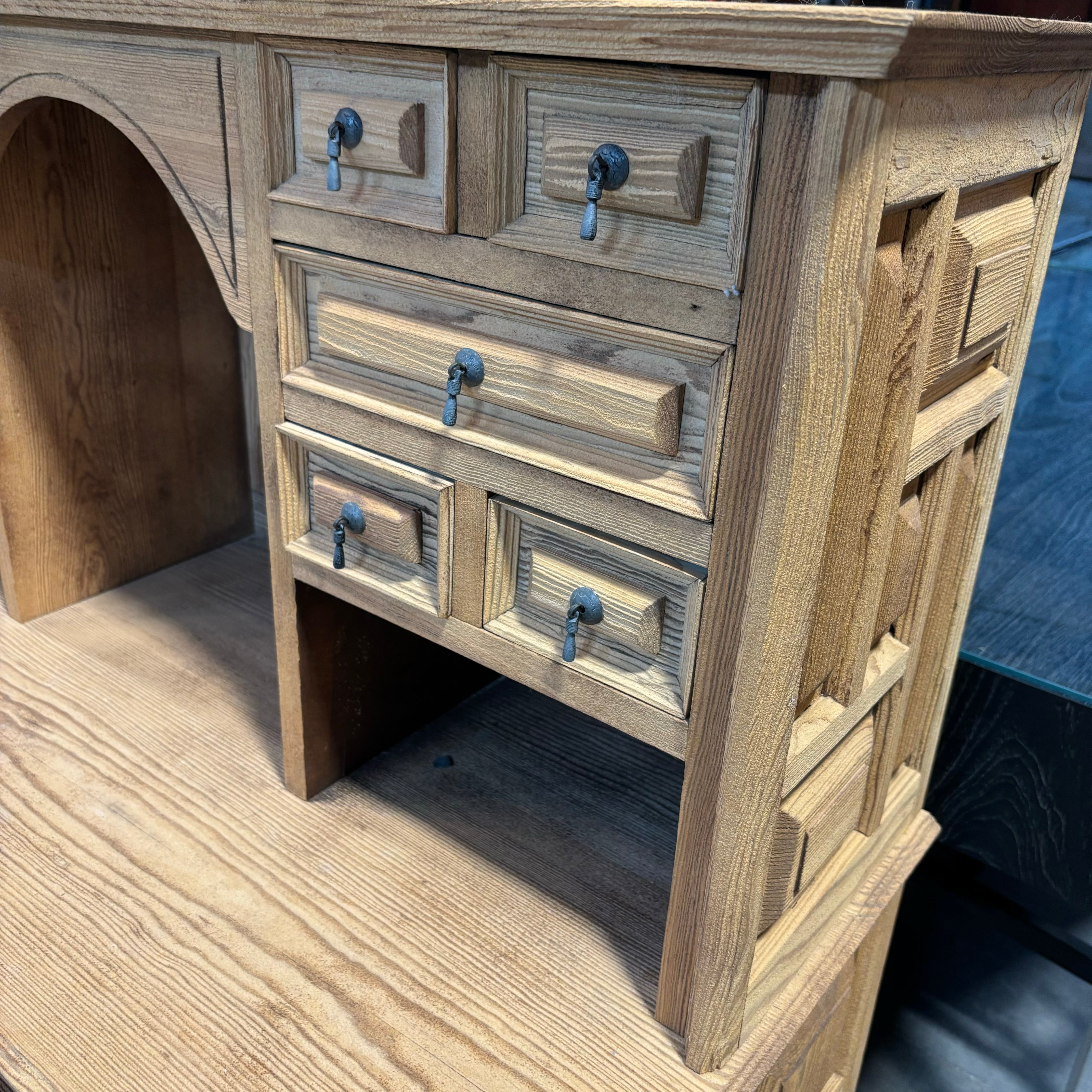 Natural Light Wood with Carved Detail & Iron Pulls 15 Drawer Hutch 40"x 20"x 27"