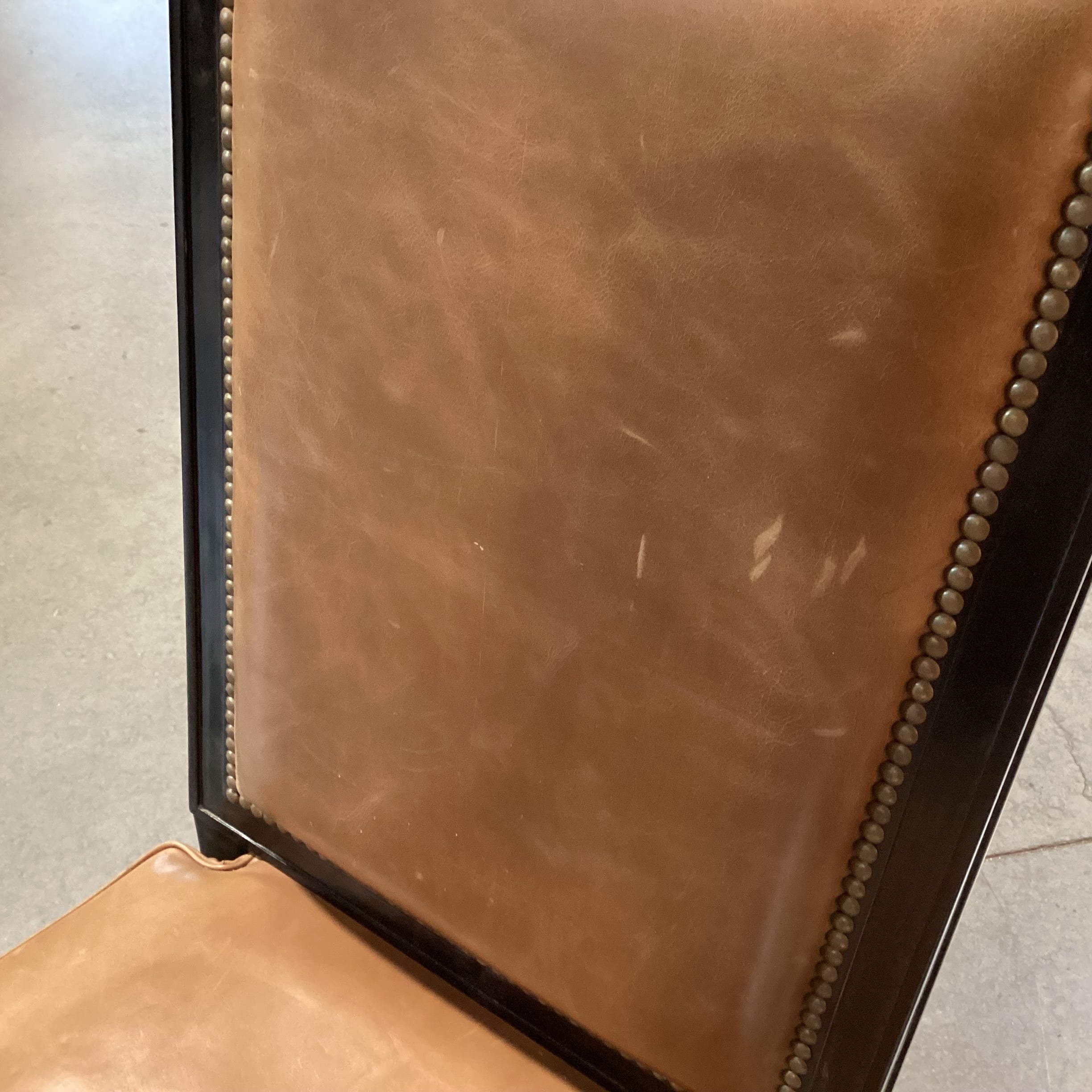 Tan Leather Nailhead & Black Wood Slipper Chair 27"x 27"x 42"