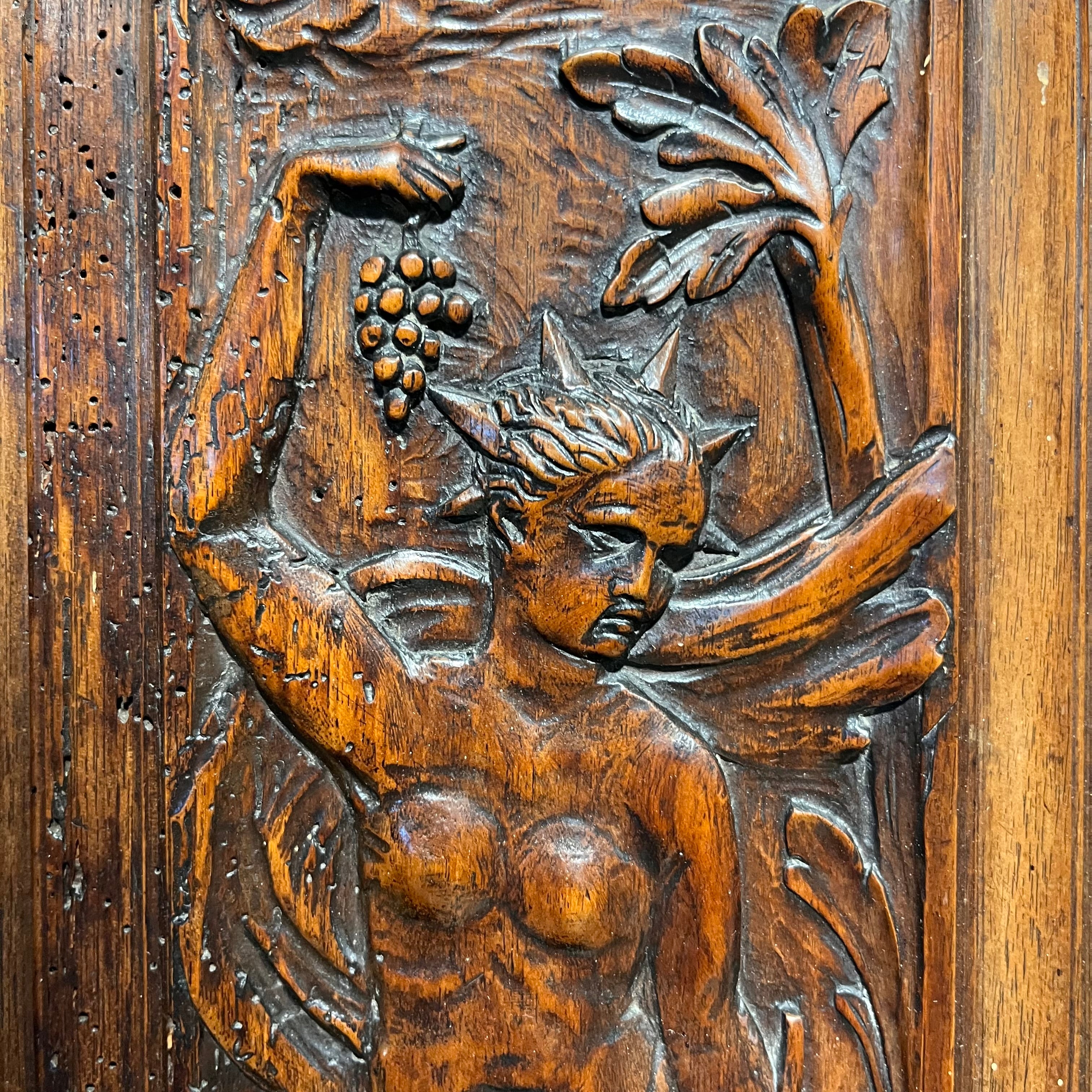 Antique 18th Century Renaissance Carved Wood Panel of Woman with Grapes Wall Decor; 15.5"x 25"x 2"