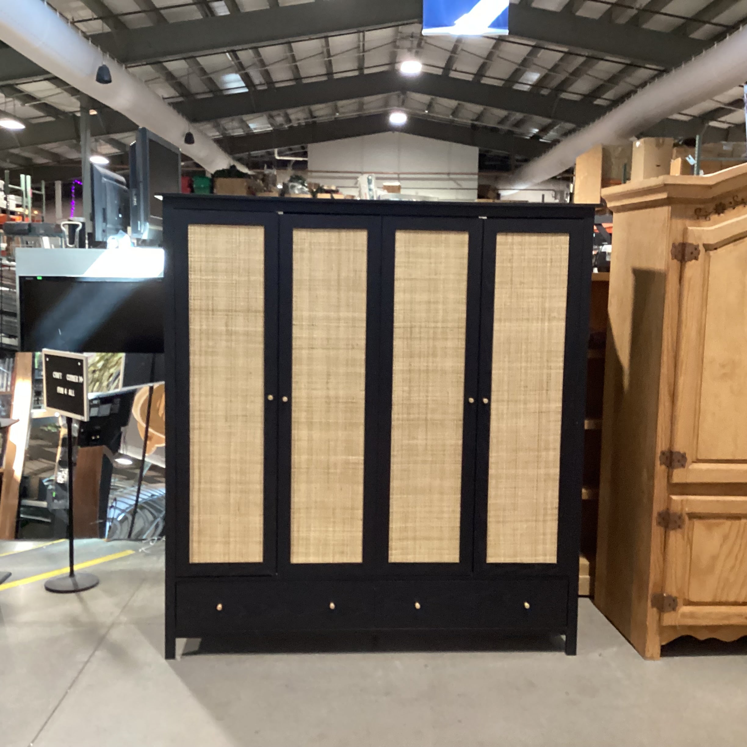 Ebony Finished Wood Style Laminate Veneer Rattan Woven 4 Door 2 Drawer Wardrobe Armoire 68"x 22"x 72.5"