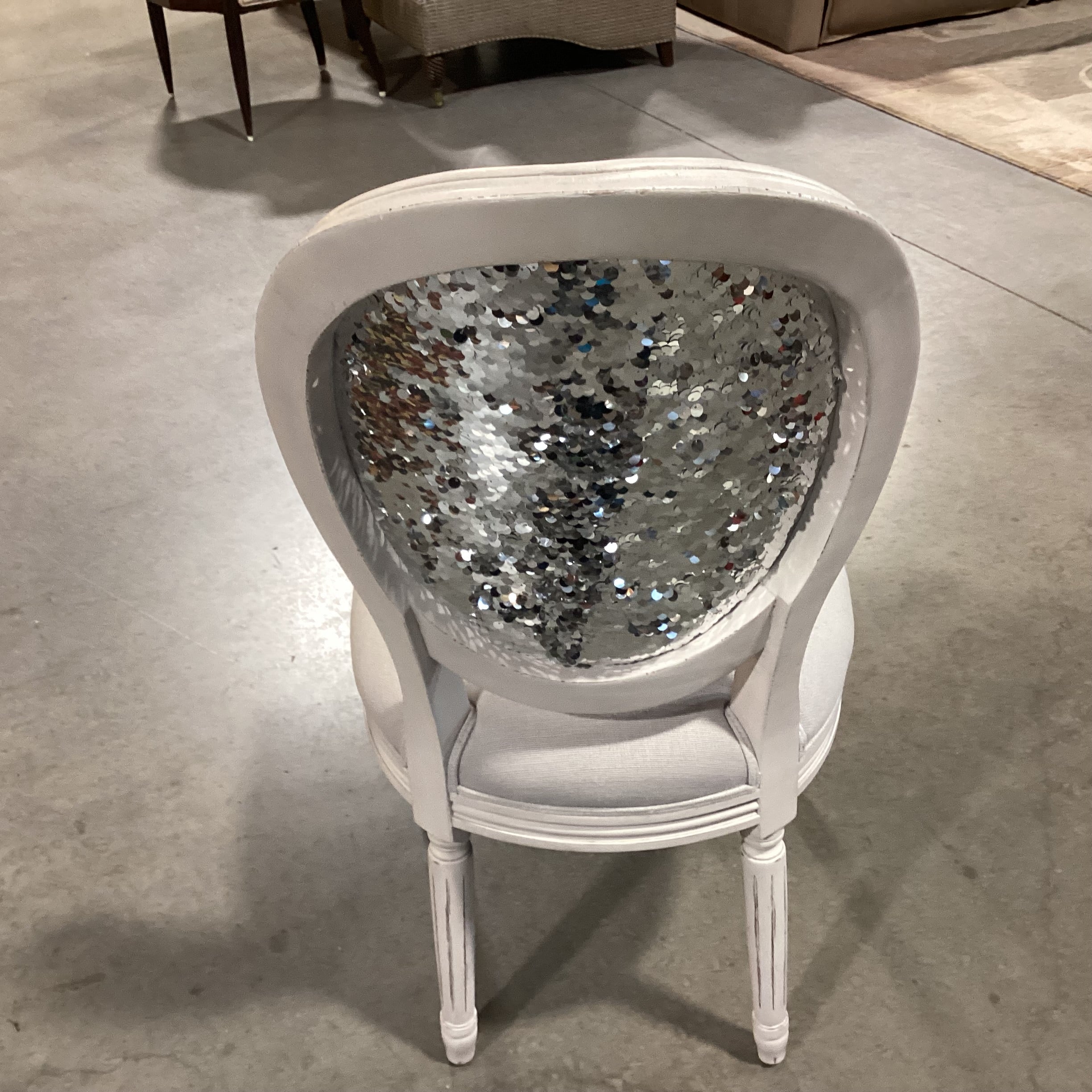 French Provincial Carved Antiqued White & Linen with Sequin Back Chair 20"x 24"x 39.5"