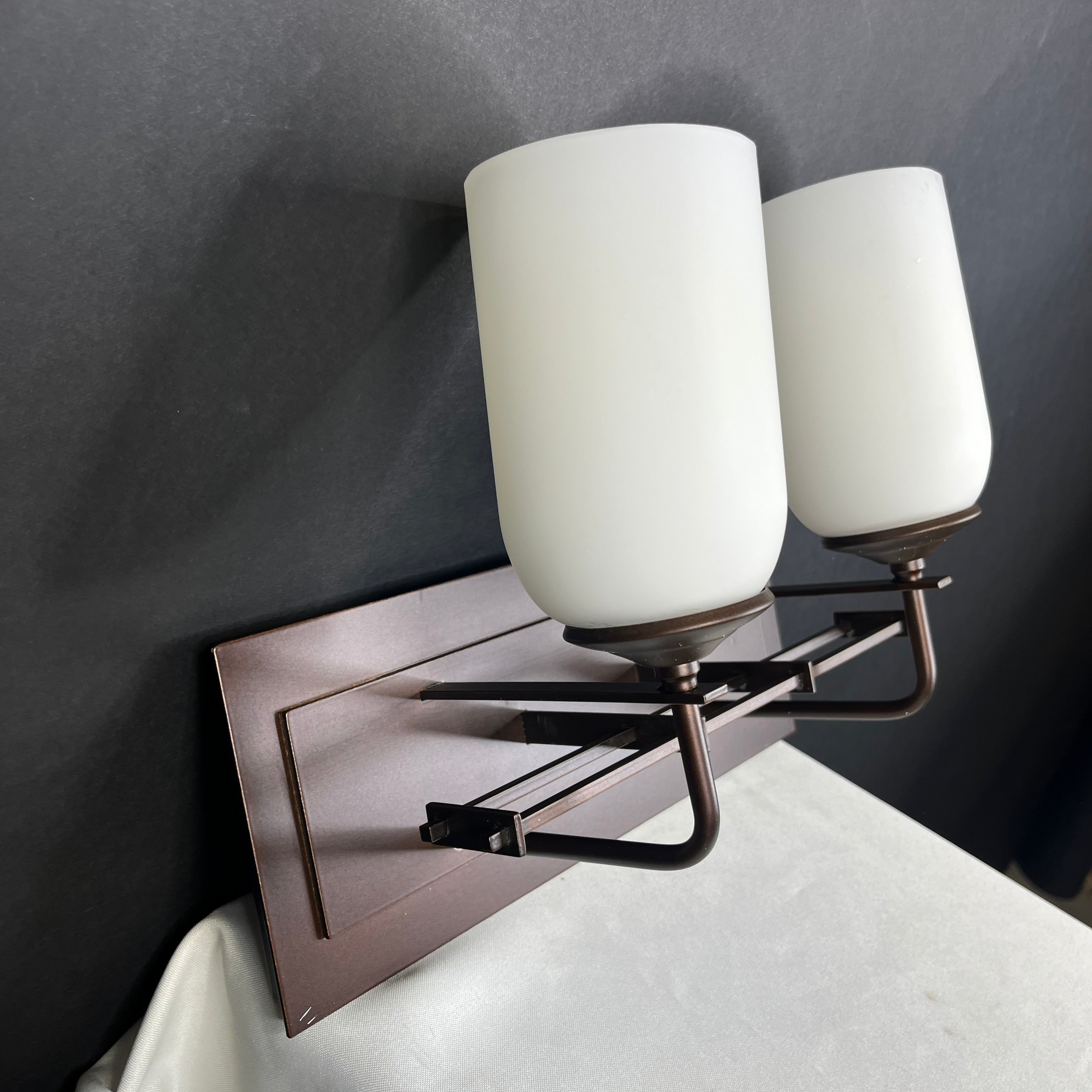 Hubbardton Forge 2-Light Bronze with Milk Glass Shades Vanity Wall Sconce 13”x 10”x 7”