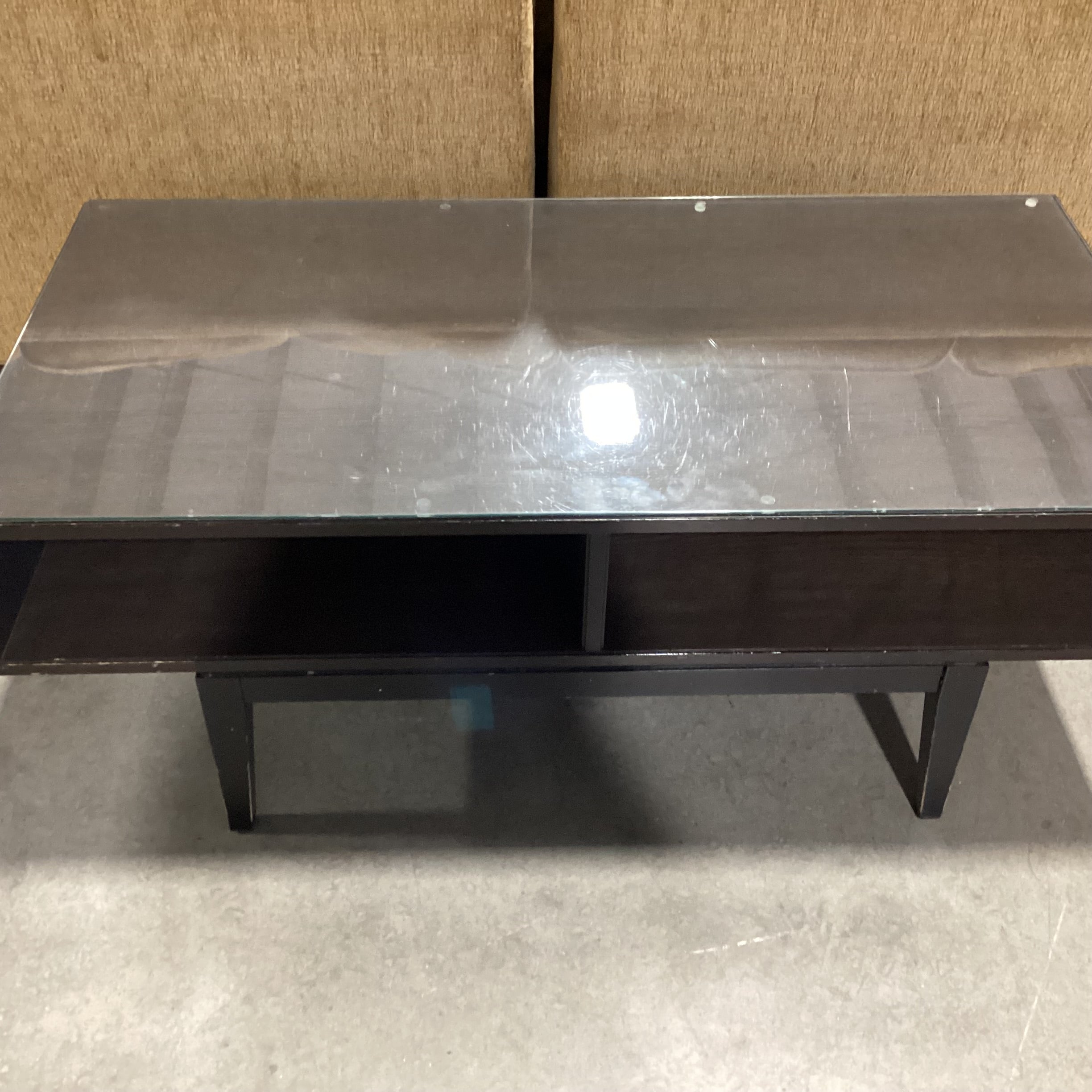 Mid Century Style Dark Wood & Veneer 2 Cubby Glass Top Coffee Table 46.5"x 23.5"x 18.5"