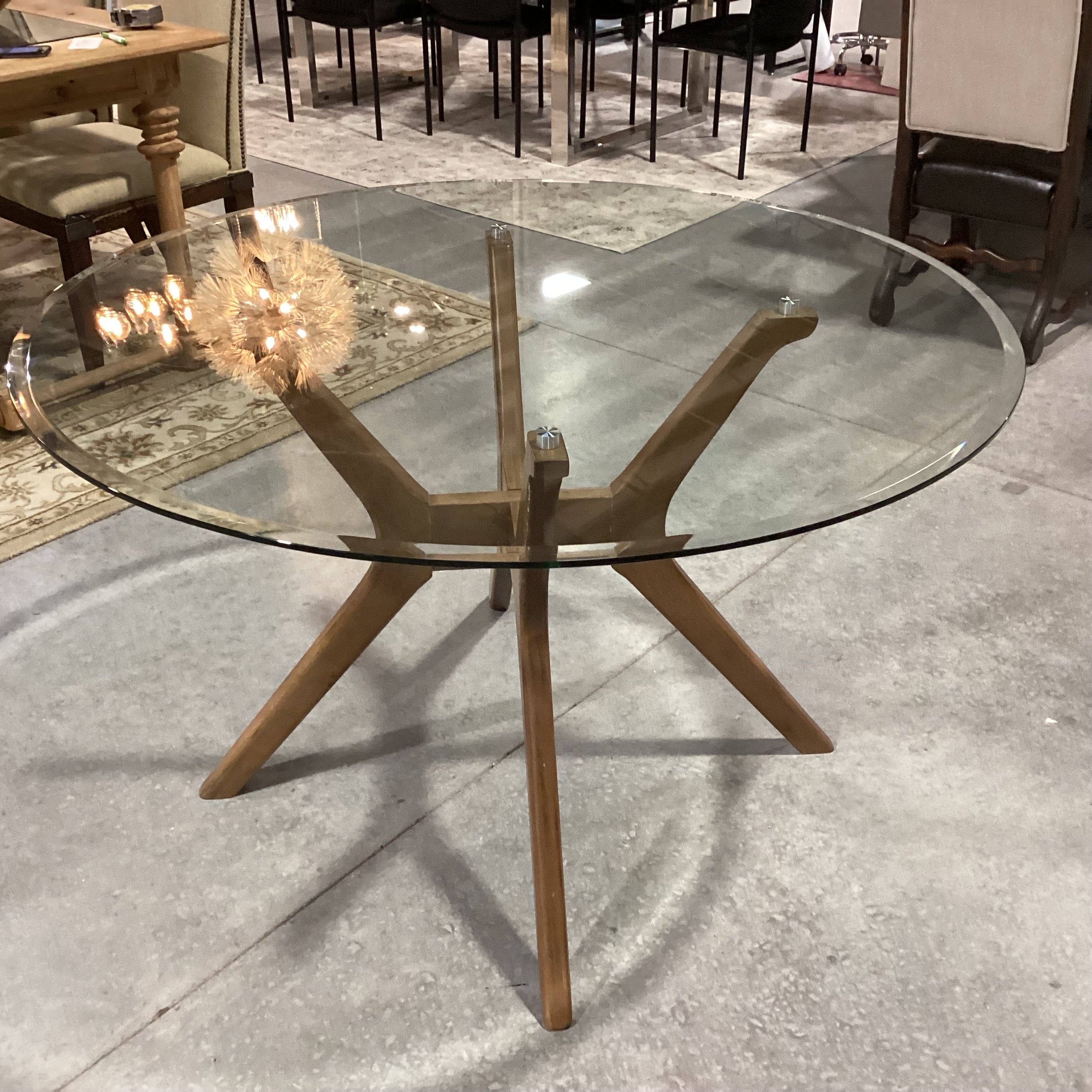 Mid Century Style Round Glass & Wood 4 Leg Pedestal Dining Table 48" Diameter x 30"