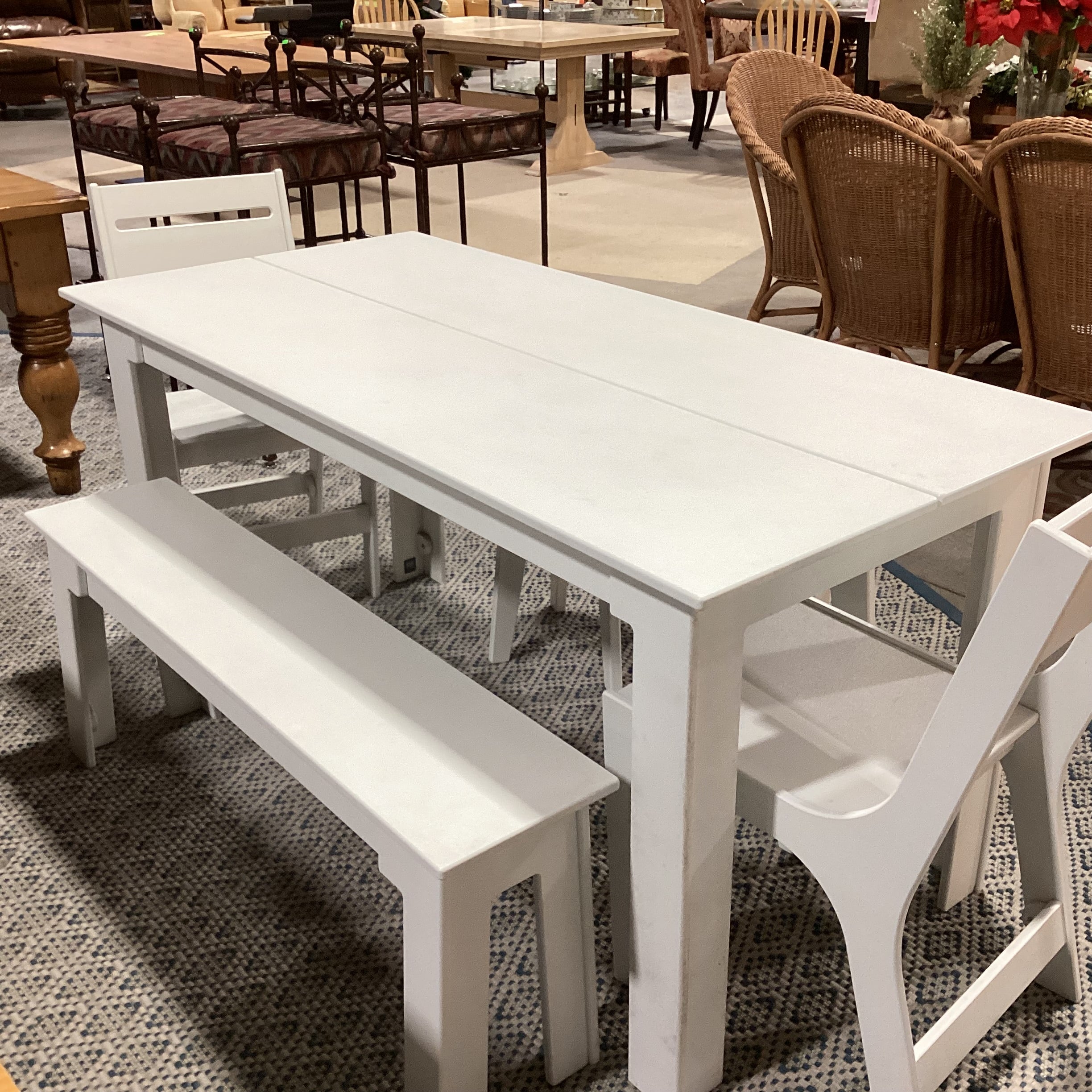 lOll White High Density Plastic Table with 2 Chairs 2 Stools 1 Bench Dining Set 62"x 30"x 30"