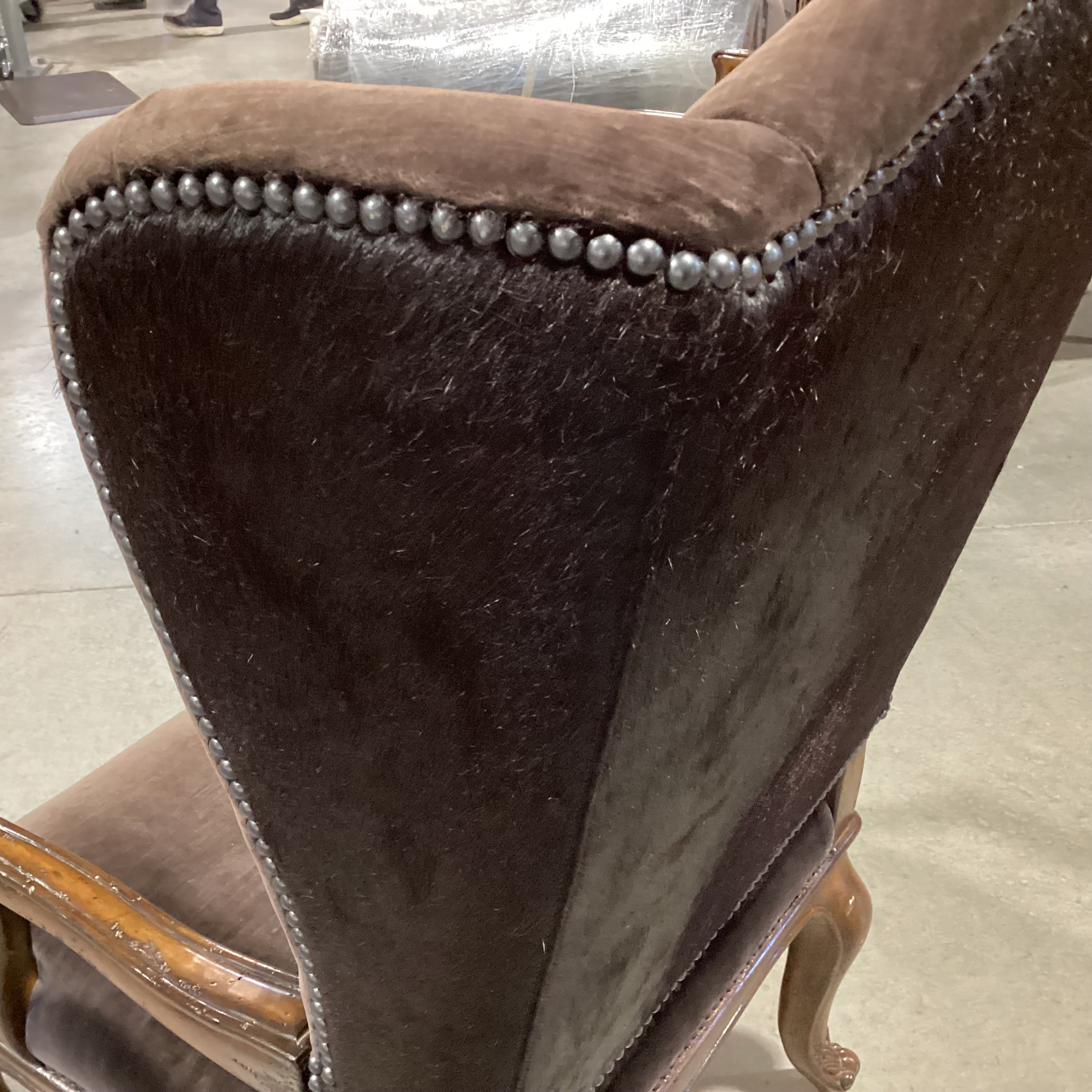 Ornate Carved Wood Dark Brown Velvet Nailhead & Cowhide Back Wing Chair 29"x 28"x 49"
