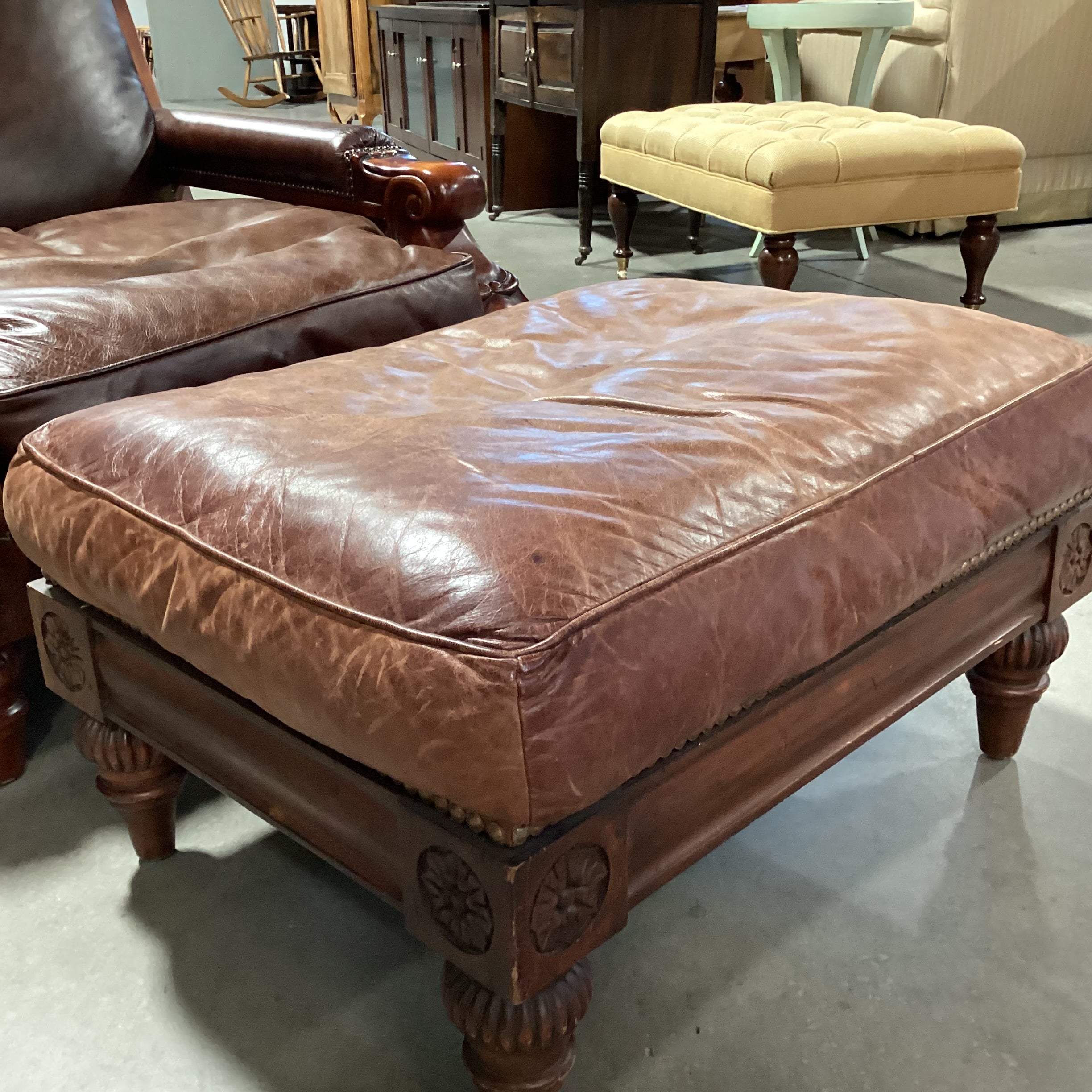 Carved Wood Leather Nailhead Down Mix with Ottoman Chair 36"x 44"x 40"