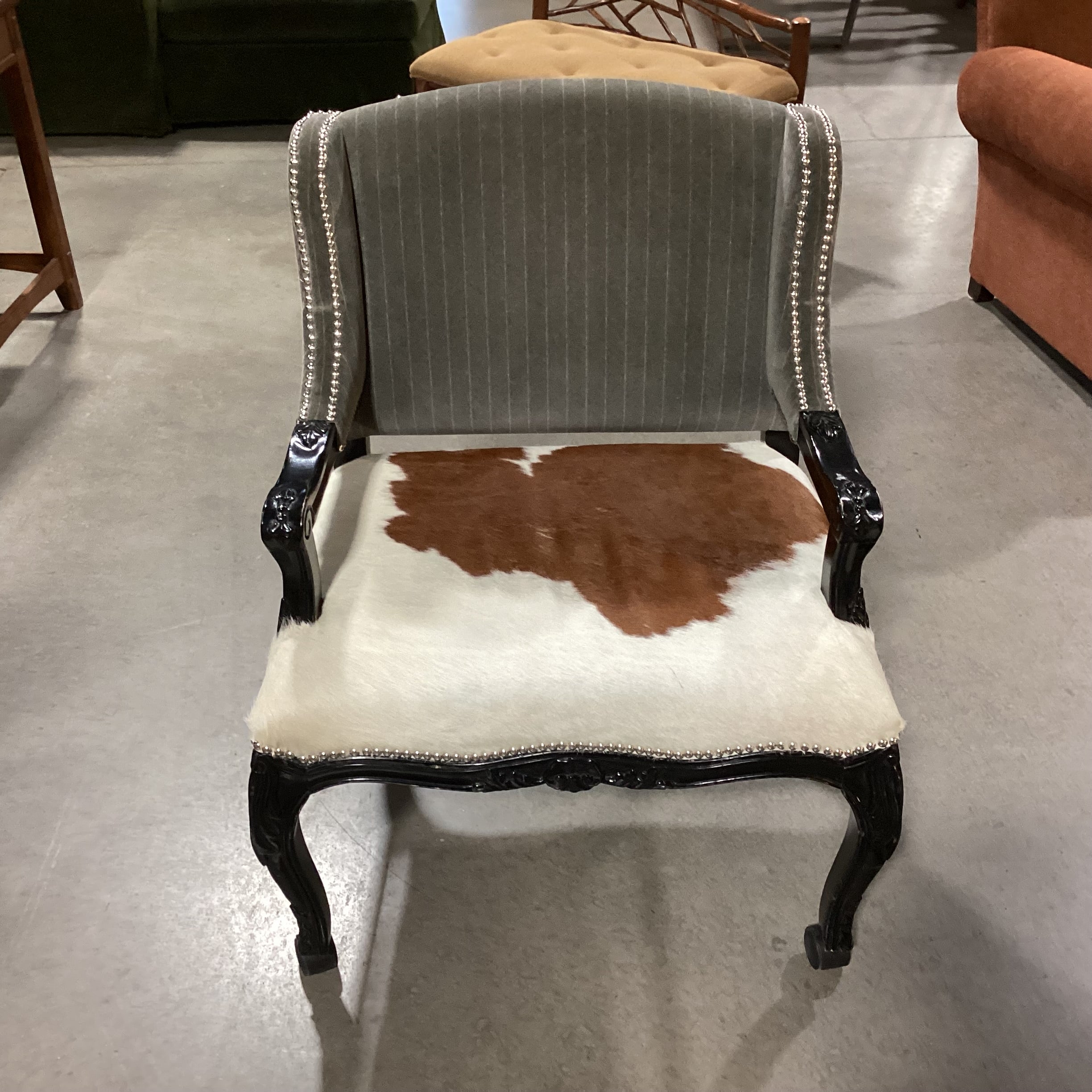 Carved Wood Cowhide & Grey Velvet Nailhead on Casters Chair 28"x 25"x 37"