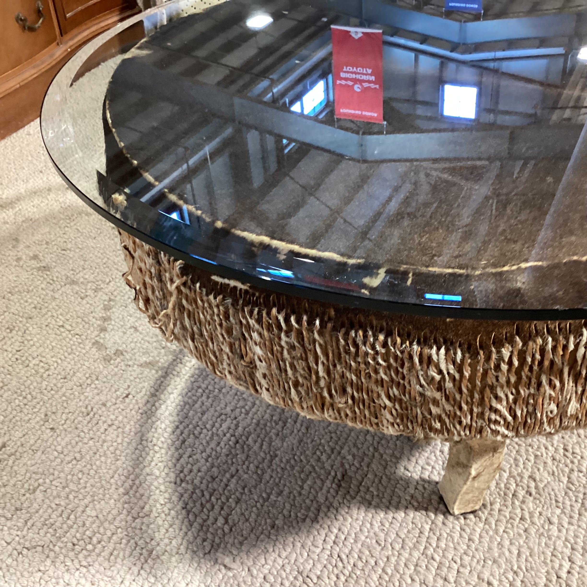 Vintage African Tribal Drum with Hide & Glass Top Coffee Table 34" Diameter x 20"