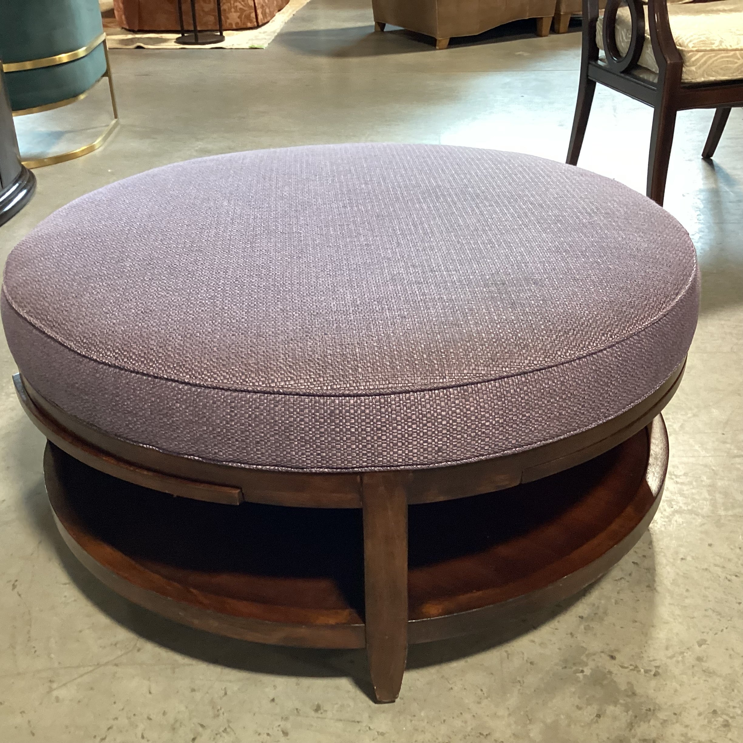Dark Finish Wood & Plum Woven 2 Tiered with 4 Pullout Tray Sides Round Cocktail Ottoman 41" to 54" Diameter x 19"