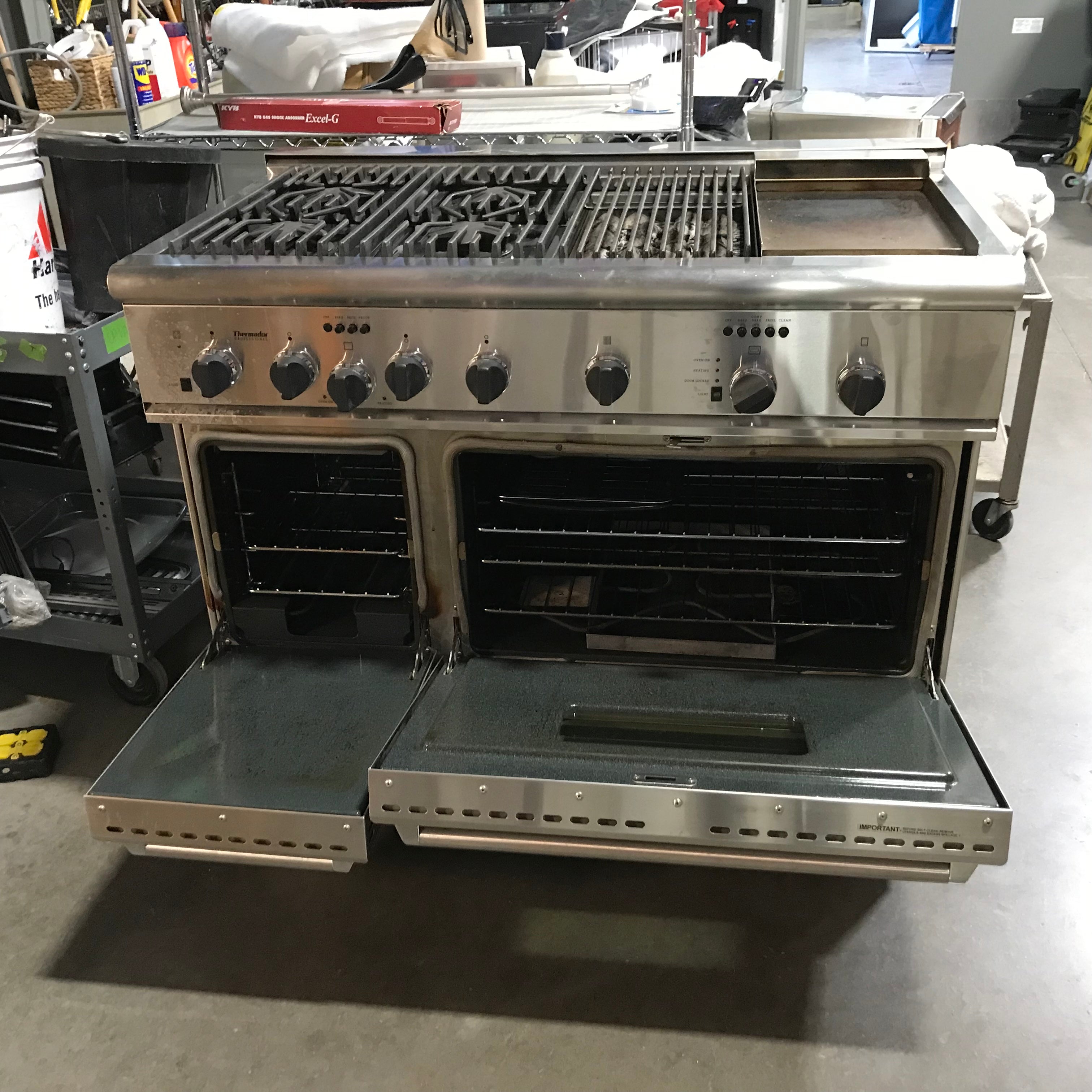Thermador Stainless Steel 4 Burner, Griddle, Double Oven, Dual Fuel Range 48"x 30"x 40" (Will Need To Be Serviced)