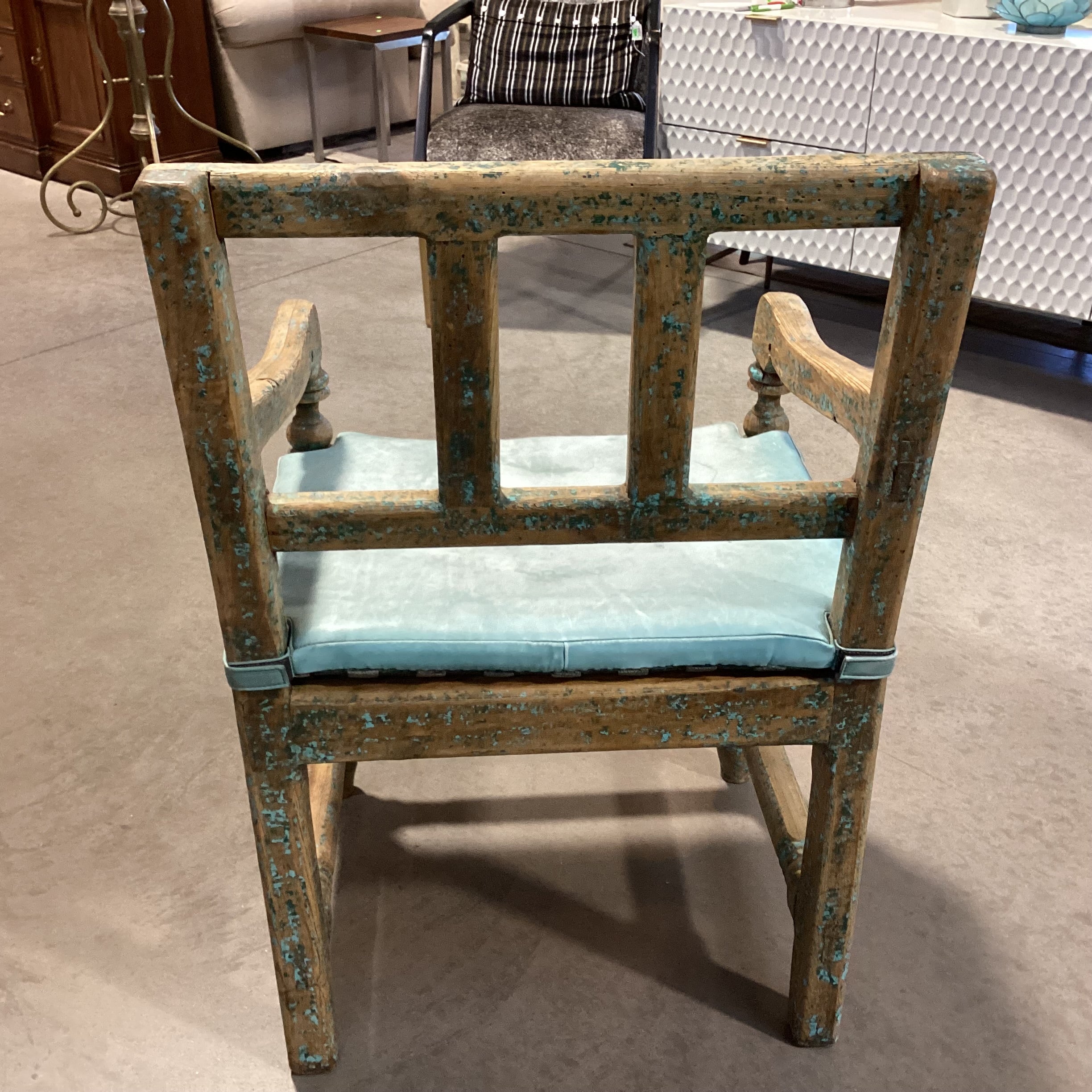 Santa Fe Style Carved Wood with Teal Distressing & Leather Cushion Chair 22.5"x 22"x 37"